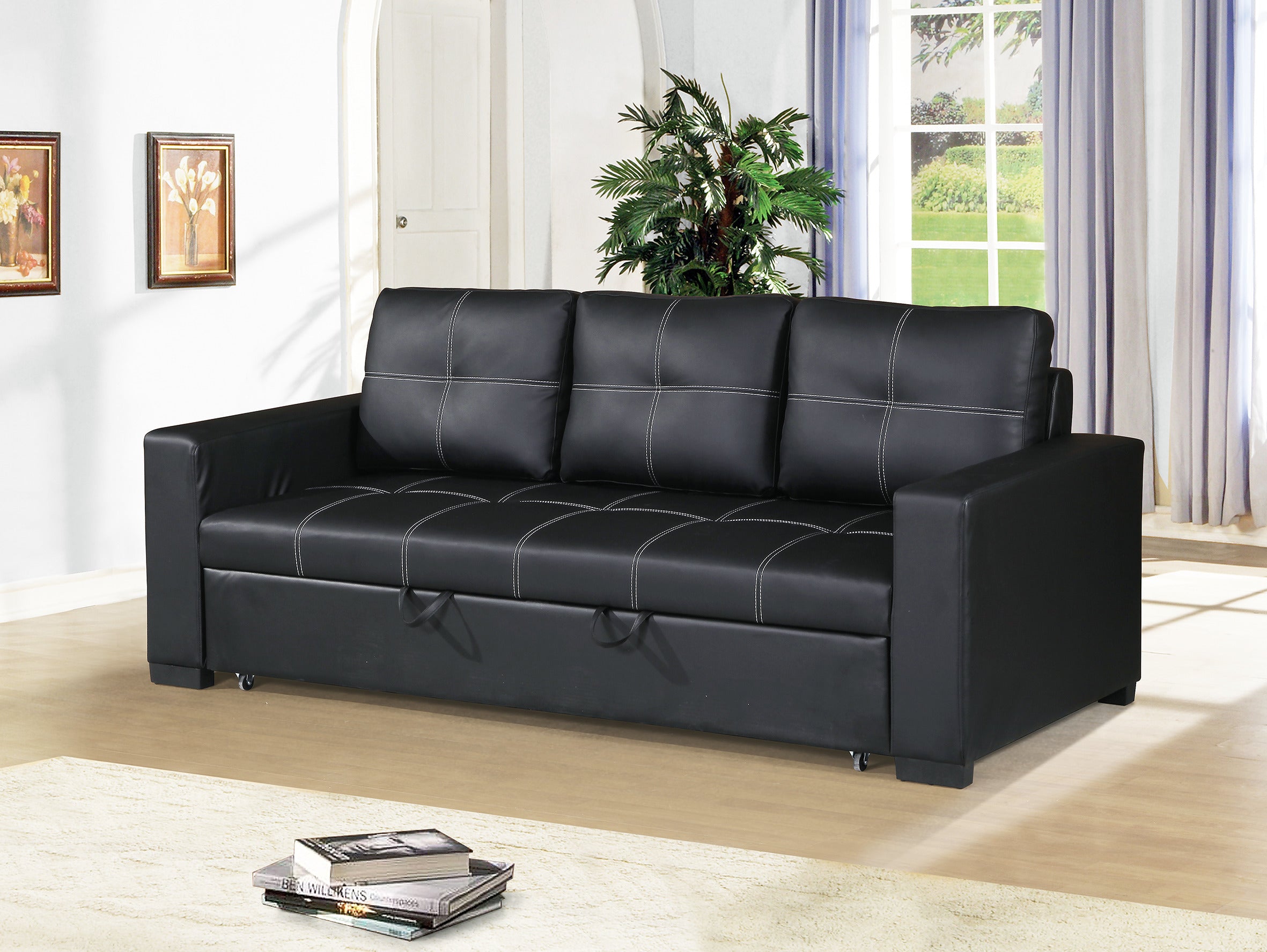 Sectional Sofa Pull Out Bed Living Room Couch Black Faux Leather Tufte