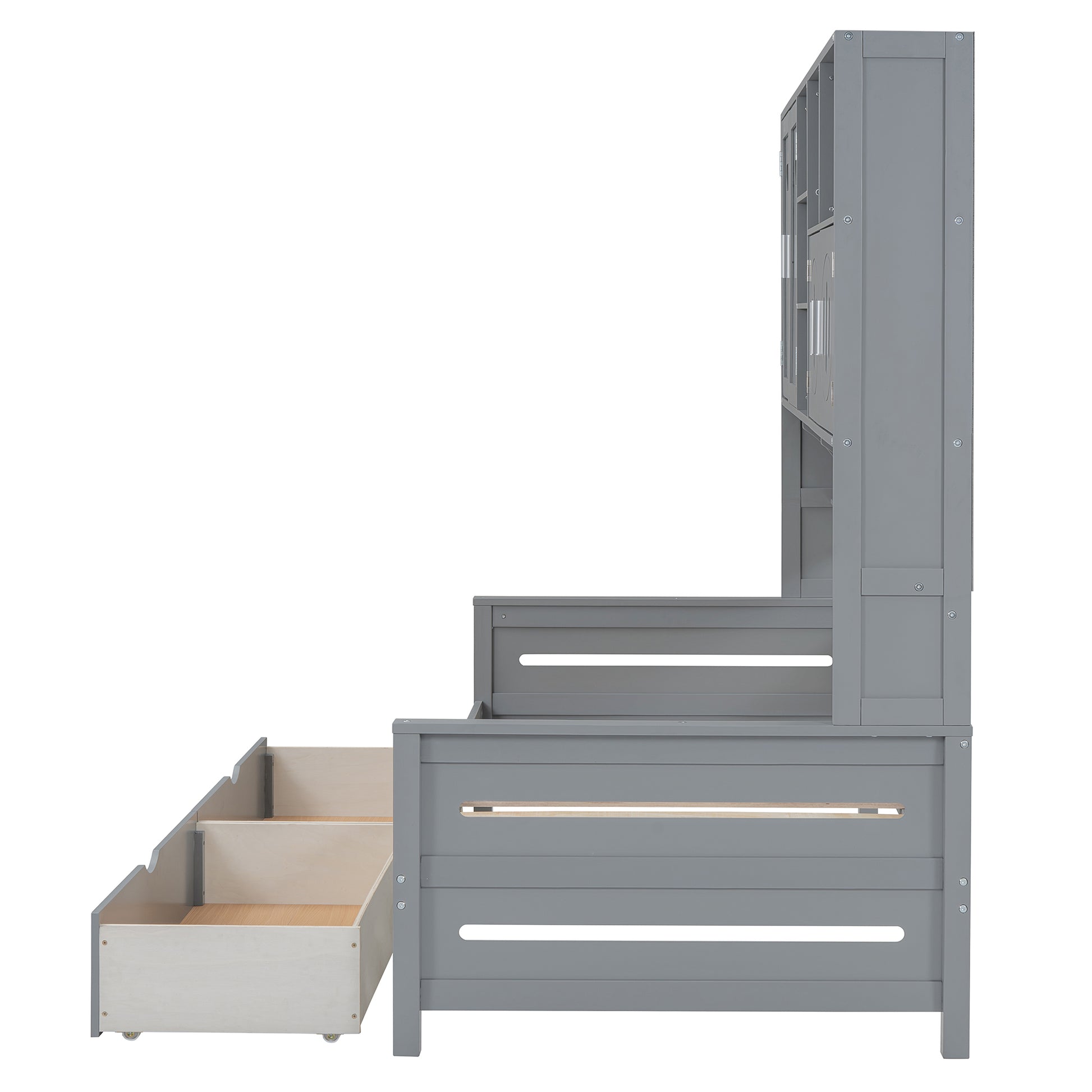 Twin Size Wooden Daybed With 2 Drawers, And All In One Cabinet And Shelf, Gray Twin Gray Wood