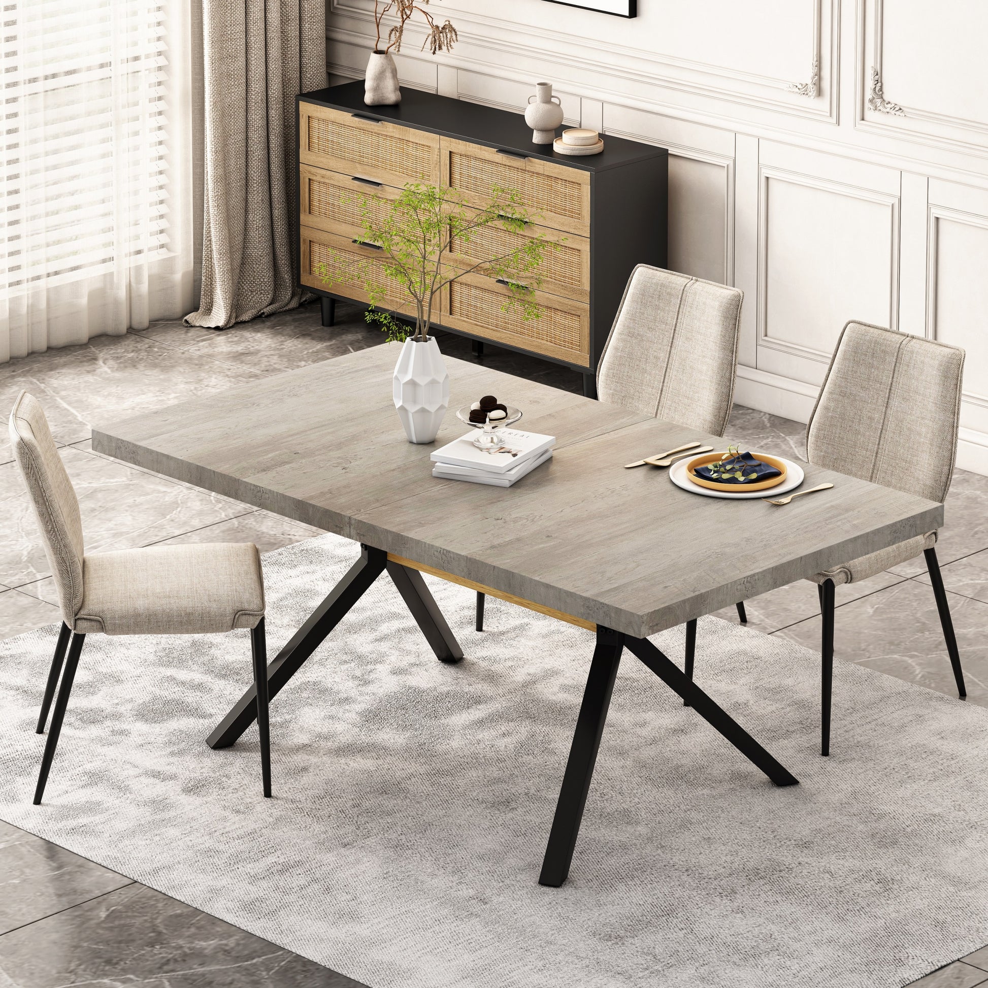 62.99" 78.74"Retro Rectangular Stretch Table, Grey Carole Top, Black Embossed Center Plate, Walnut Color Beam, Black Fine Sand Iron Foot Base Dining Table Grey Seats 6 Rectangular Mdf Metal