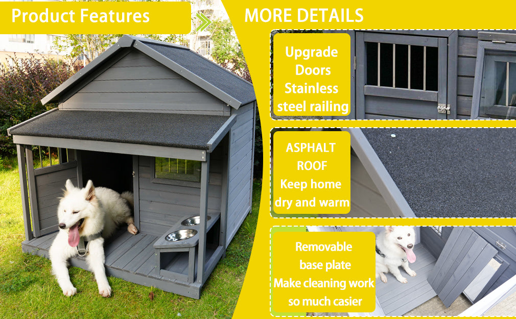 Large Dog House, Long 44.2" X Wide 44.6" X High 44.6" Solid Wood Asphalt Roof Dog House With Large Terrace For Large Dogs, Weatherproof Large Dog House Improved ,Small Wooden Doors That Can Be Locked Gray Solid Wood