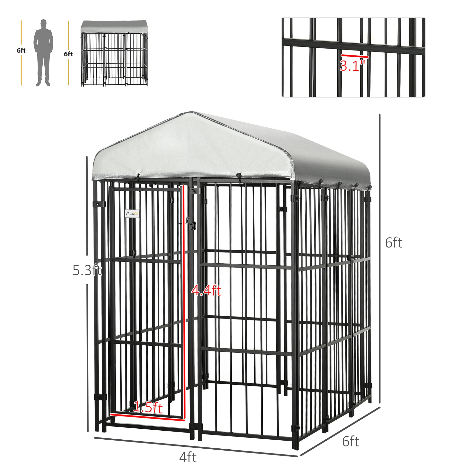 Pawhut 6' X 4' Dog Kennel, Outdoor Dog Playpen Run With Waterproof, Uv Resistant Canopy, Heavy Duty Chain Link For Medium And Large Dogs Black Steel