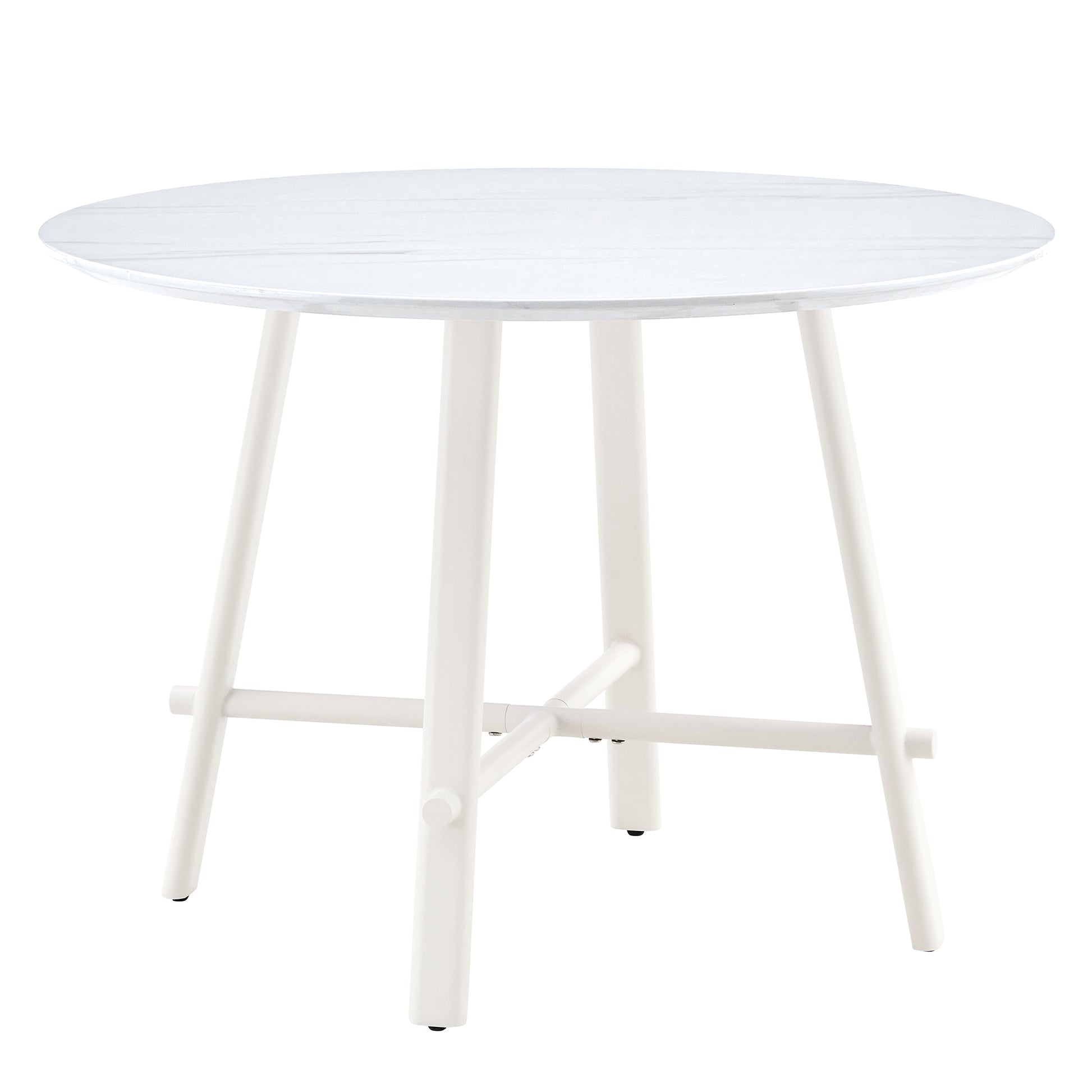 A Modern Minimalist Circular Dining Table With A 42 Inch Diameter White Patterned Tabletop And White Metal Legs. Suitable For Restaurants, Living Rooms, And Conference Rooms. White Mdf Metal