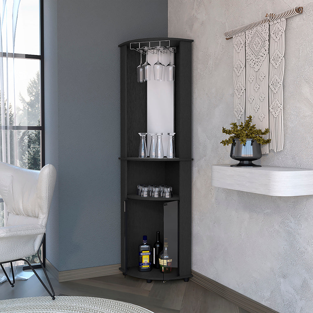 Chicago 75" H Mirrored Corner Bar Cabinet, With Glass Doors, Two Shelves And Stemware Black Black Particle Board