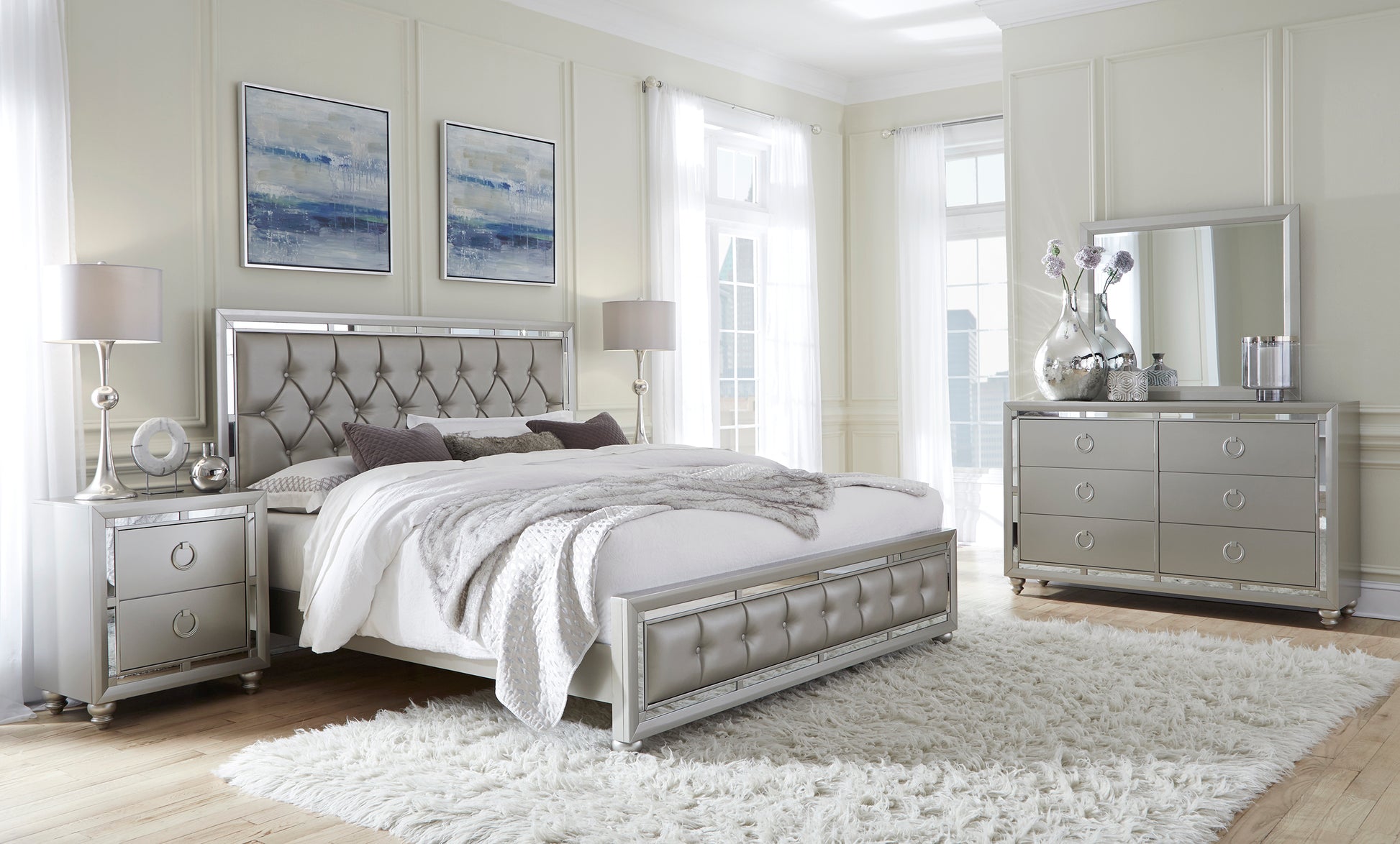 Chloe Gemstone Silver Queen Bed Silver Grey Solid Wood Mdf