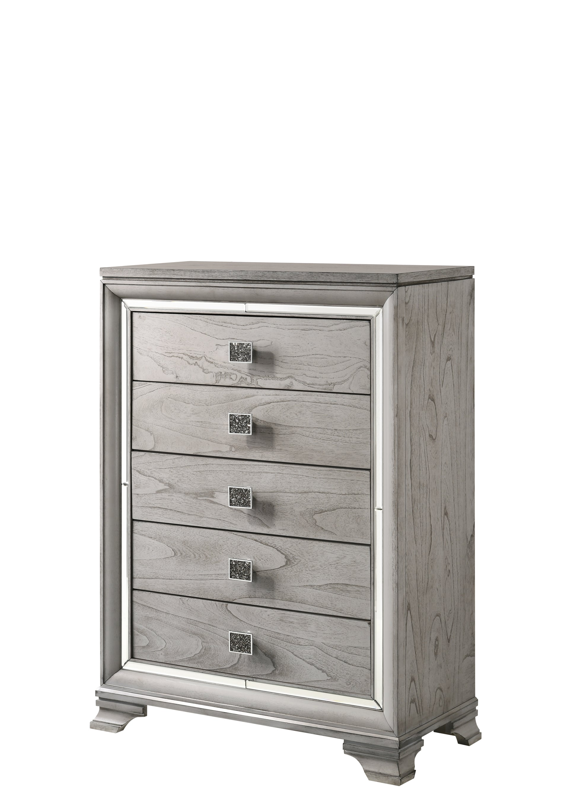 Contemporary 1Pc Light Gray Brown Finish 5 Storage Drawer Chest Mirrored Accents Beautiful Solid Wood Wooden Bedroom Furniture Light Grey Bedroom Contemporary Solid Wood