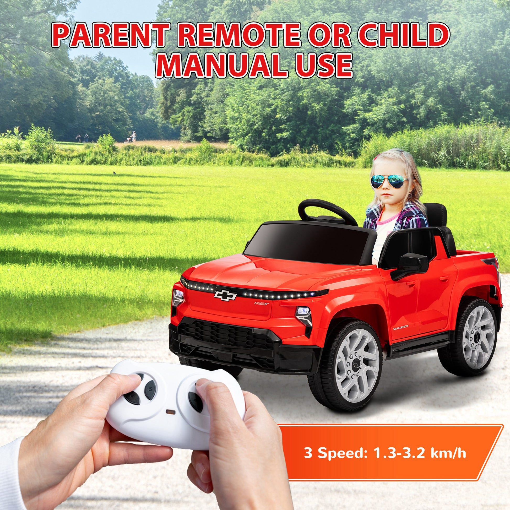 Qaba 12V Kids Electric Car, Chevrolet Silverado Ev Rst Licensed Ride On Car With Parent Remote Control, Spring Suspension, Soft Start, Training Wheels, Led Lights, Music, Mp3, 3 Speed, Red Red