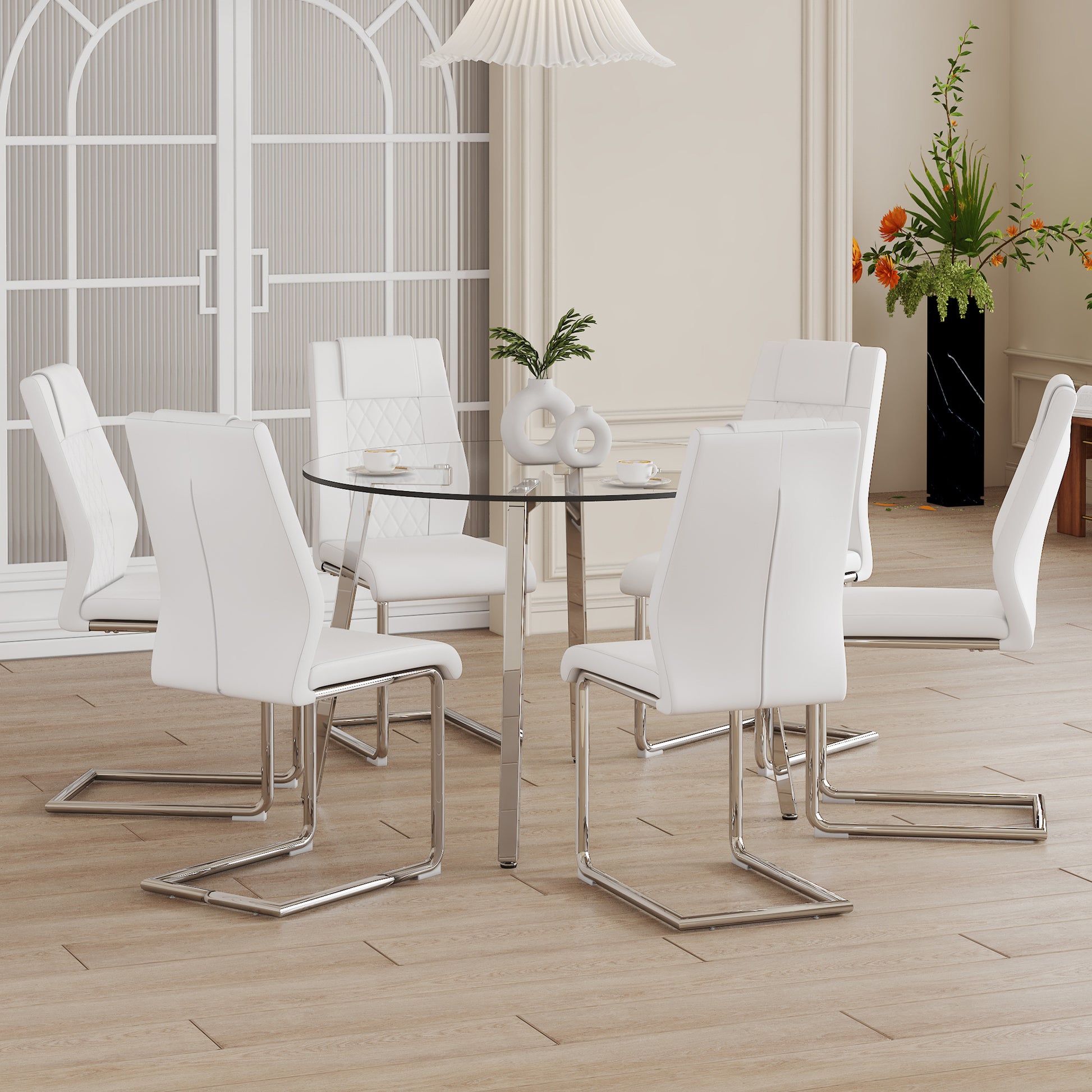 Table And Chair Set.A Modern Minimalist Style Round Clear Tempered Glass Table With Silver Metal Legs.Paried With 6 Chairs With Modern Pu Leather High Back Upholstered And C Tube Chrome Legs. Silver,White Seats 6 Glass Metal