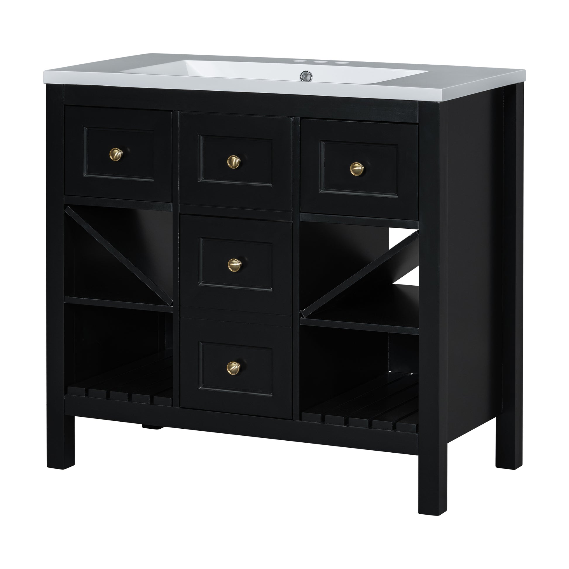 36'' Bathroom Vanity With Resin Sink Combo, Solid Wood Frame Bathroom Storage Cabinet, Freestanding Vanity Set With 5 Drawers& Soft Closing Doors Same As Sw000141Aab Black Bathroom Solid Wood Mdf Resin