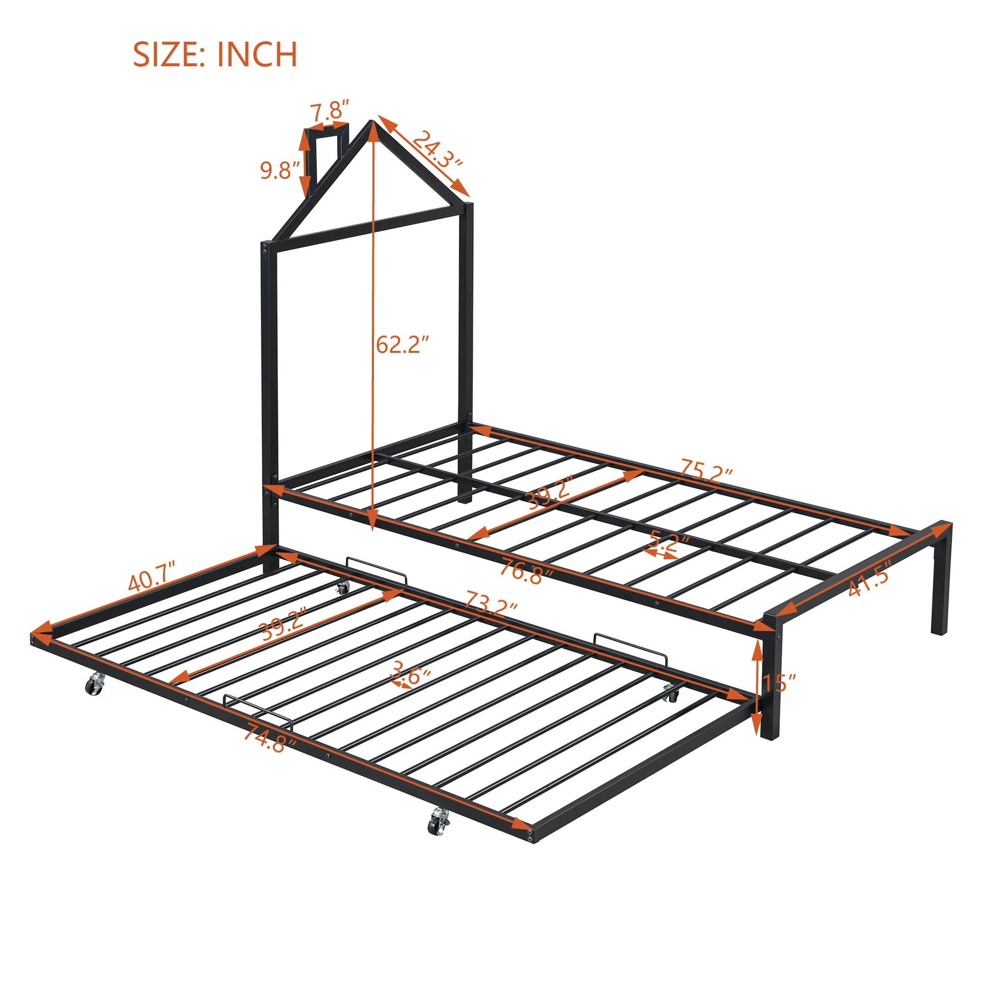Twin Size Metal Platform Bed With Twin Size Trundle,House Shaped Headboard Design, Black Twin Black Metal