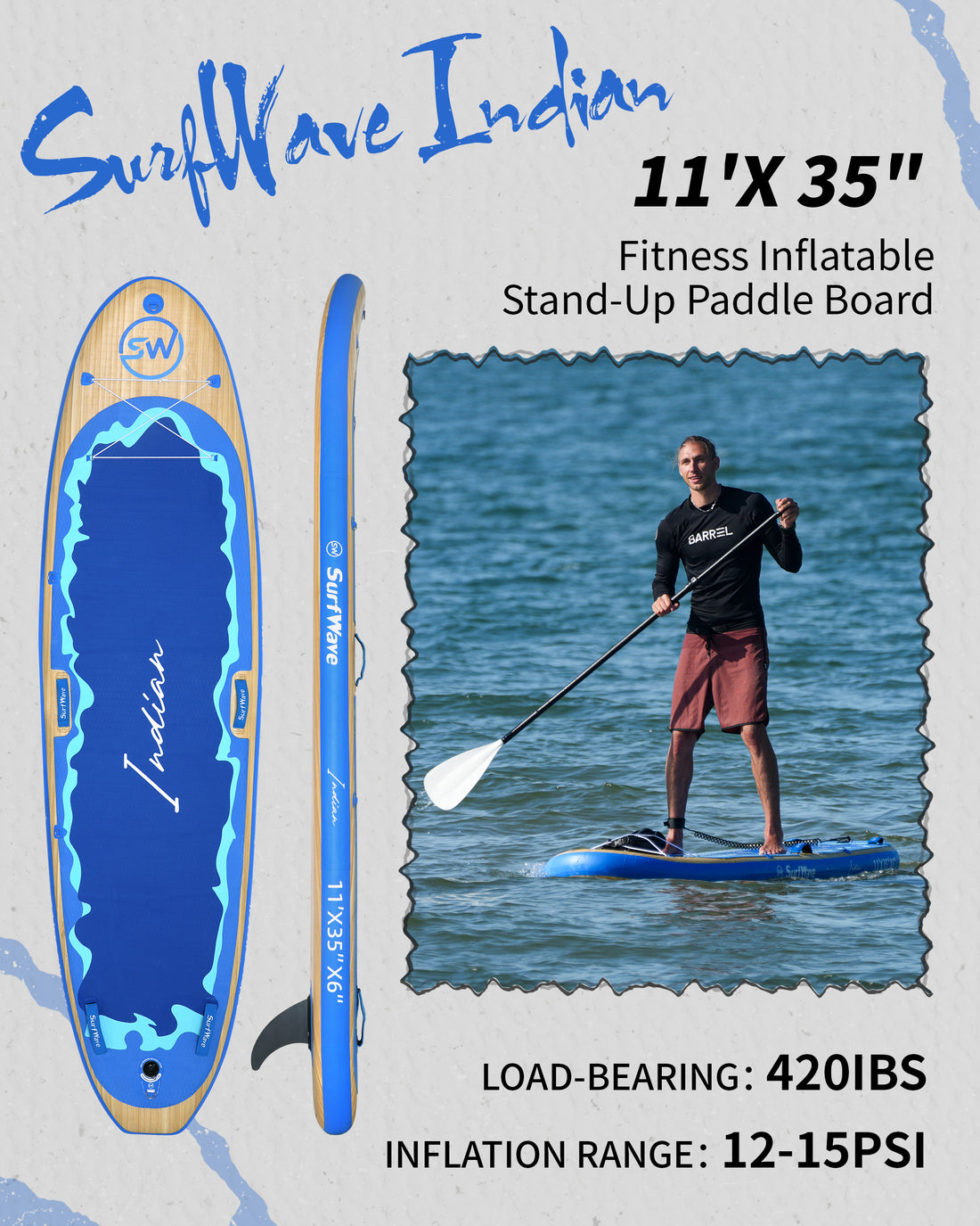 Inflatable Stand Up Paddle Board 11'X34"X6" With Accessories Water Sports Blue Anti Slip Garden & Outdoor American Design,Beach Multifunctional Pvc