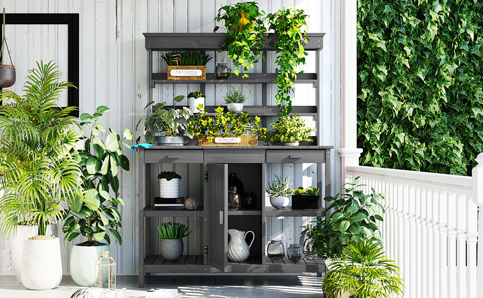 66'' Large Outdoor Farmhouse Wooden Potting Bench Table, Garden Workstation With 2 Drawers,Cabinet And Open Shelves For Backyard, Mudroom, Gray Gray Garden & Outdoor Casual Wood Solid Wood