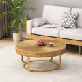 Modern Round Coffee Table Wooden Carving Pattern Coffee Table With Metal Legs For Living Room Reception Room Office Golden Natural Gold Pine