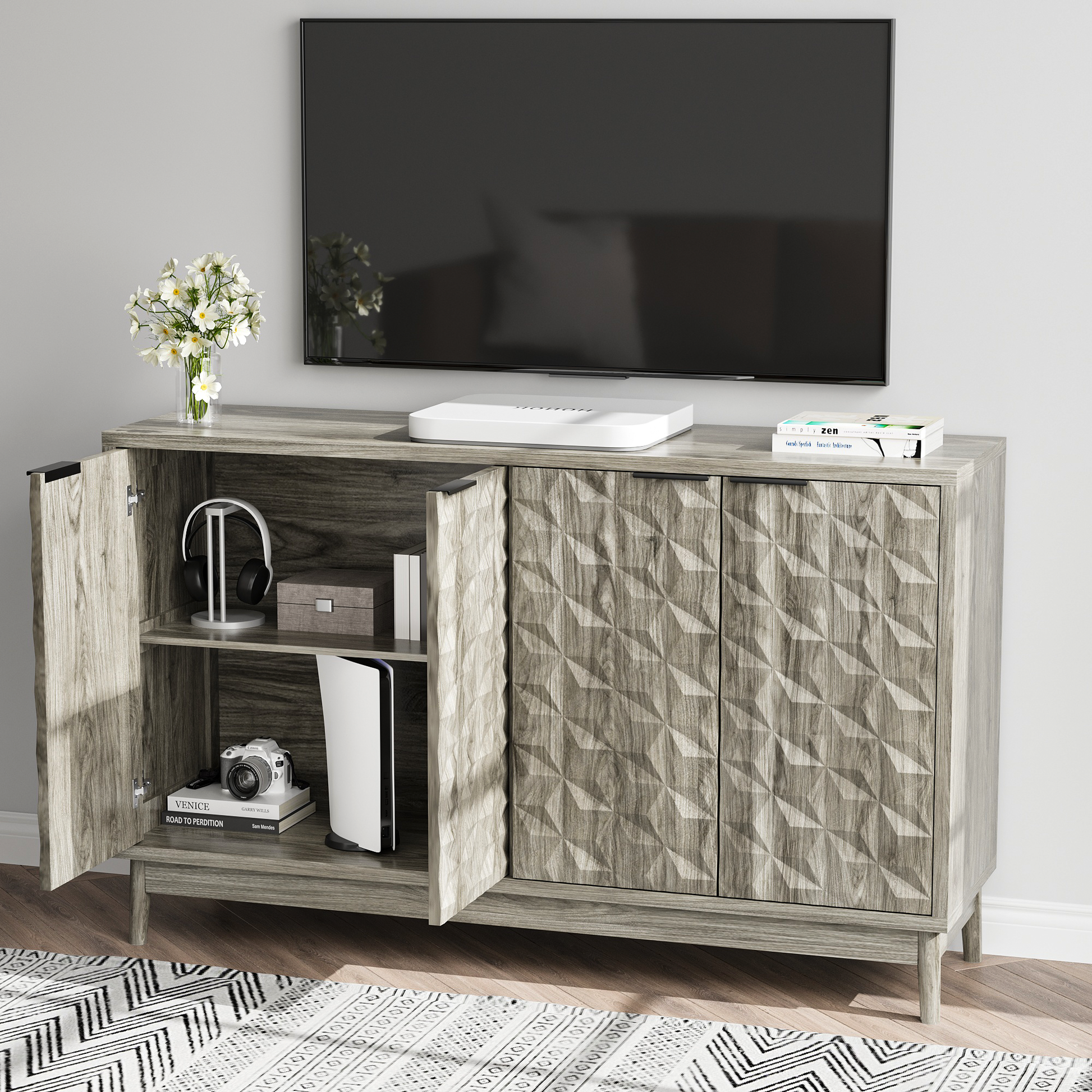 Modern Style Buffet Cabinet,Sideboard Buffet Cabinet With Storage,Storage Cabinet With 4 Diamond Shaped Relief Doors For Living Room,Dining Room,Entryway,Hallway,Kitchen,Grey Gray Gray Dining Room
