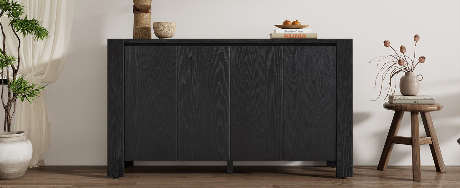 Retro 4 Door Sideboard With Distressed Finish And Adjustable Shelves For Dining Room, Kitchen, And Living Room Black Black Mdf,Rubber Wood