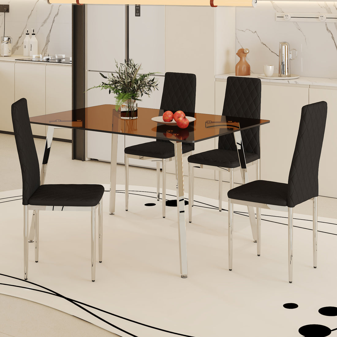 Table And Chair Set.Large Modern Rectangular Table With Brown Glass Top And Silver Metal Legs. Paired With 4 Black Chairs With Checkered Armless High Back Pu Cushion And Silver Metal Legs. Black,Silver Seats 4 Glass Metal