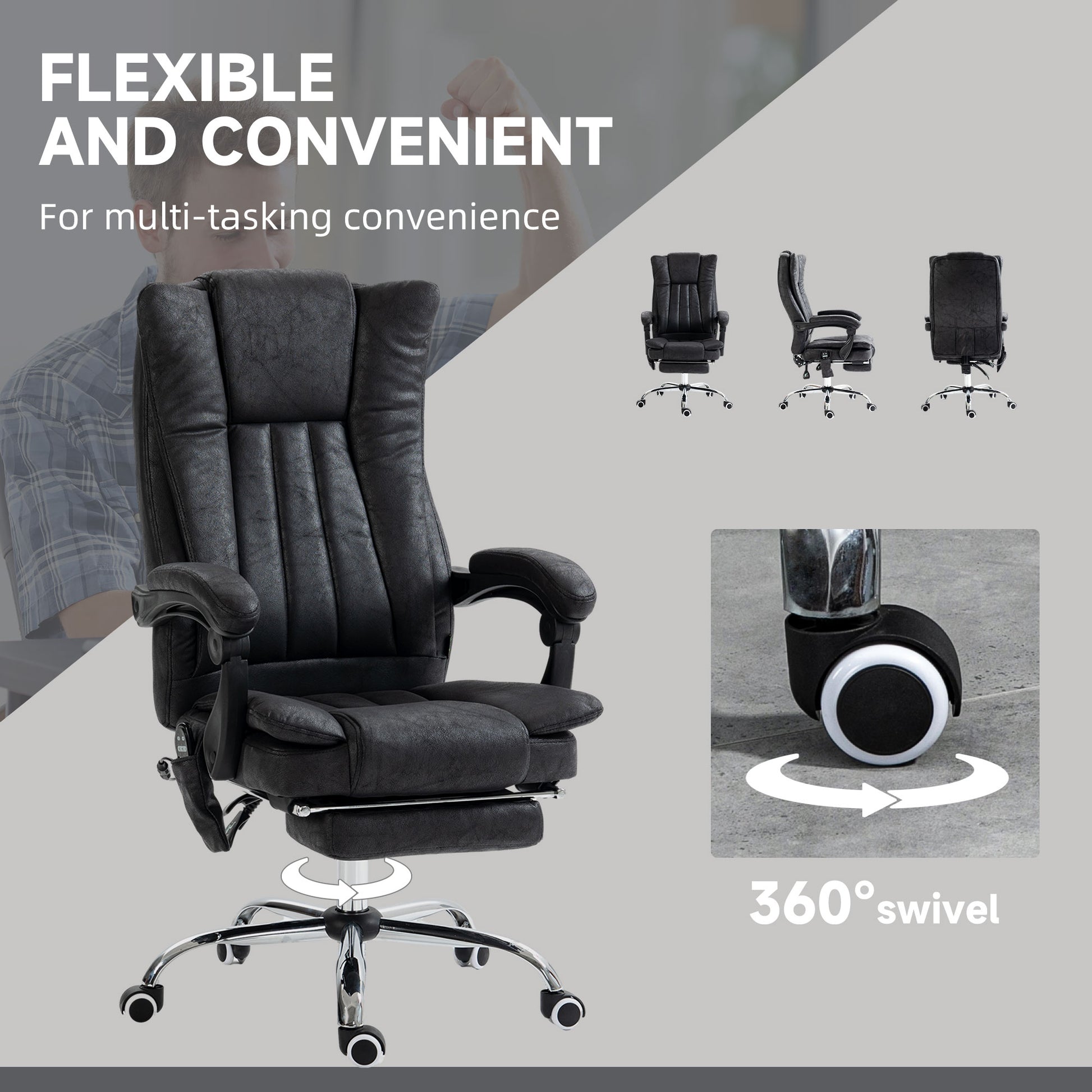 Vinsetto Microfiber Office Chair, High Back Computer Chair With 6 Point Massage, Heat, Adjustable Height And Retractable Footrest, Black Black Polyester