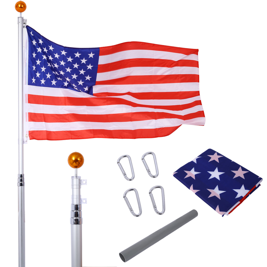 Flag Poles For Outside House, 16Ft Sectional Flag Pole Kit, Extra Thick Heavy Duty Aluminum Flagpole, Outdoor Inground Flag Poles With Topper Balls For Yard, Residential Or Commercial Silver Aluminium