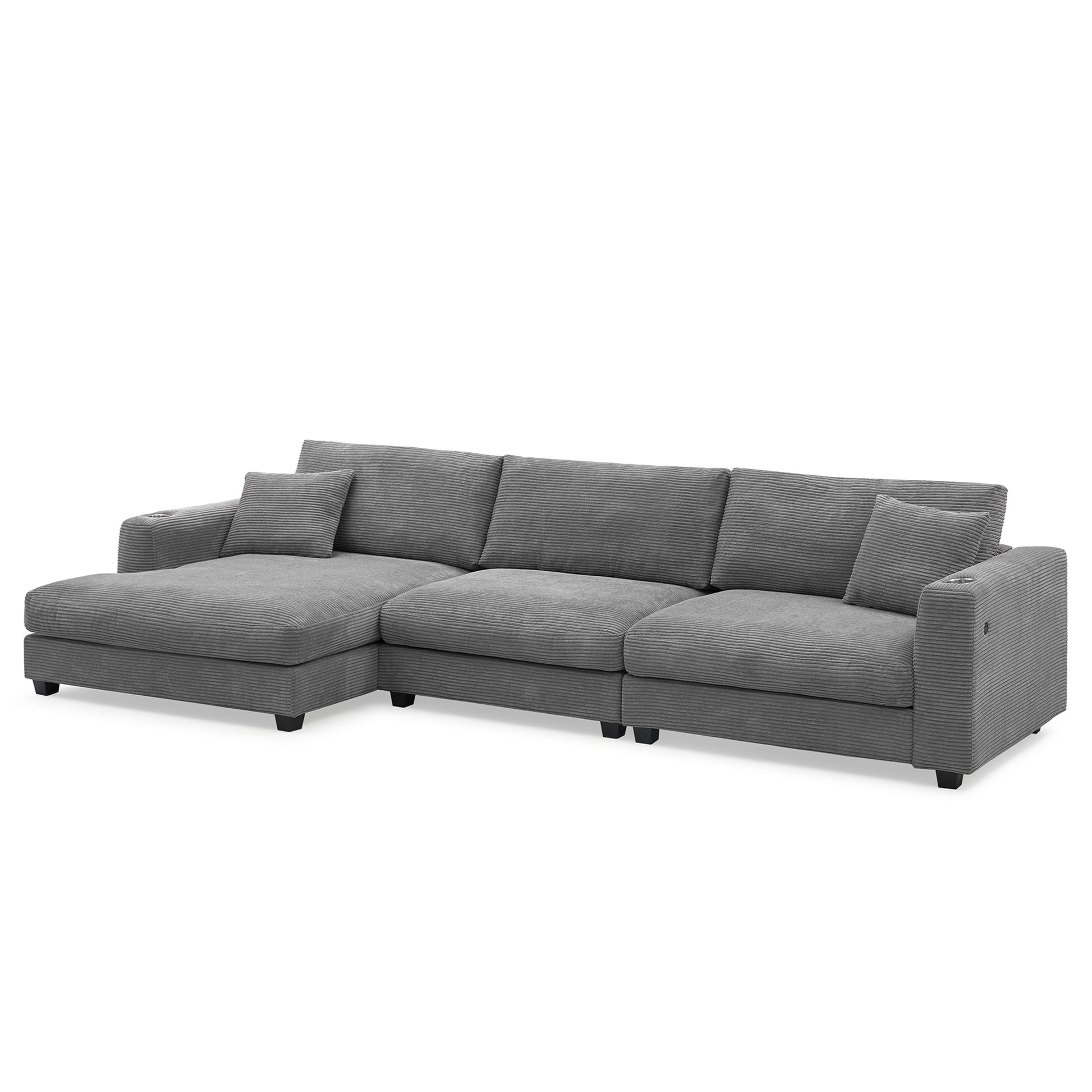 134*54"Oversized Corduroy Sectional Sofa,L Shaped Cloud Couch With Usb Charging Port,Cup Holder,Deep Seat Sofa Bed With 50" Chaise,Comfy Indoor Furniture For Living Room,3 Colors Gray Corduroy 4 Seat