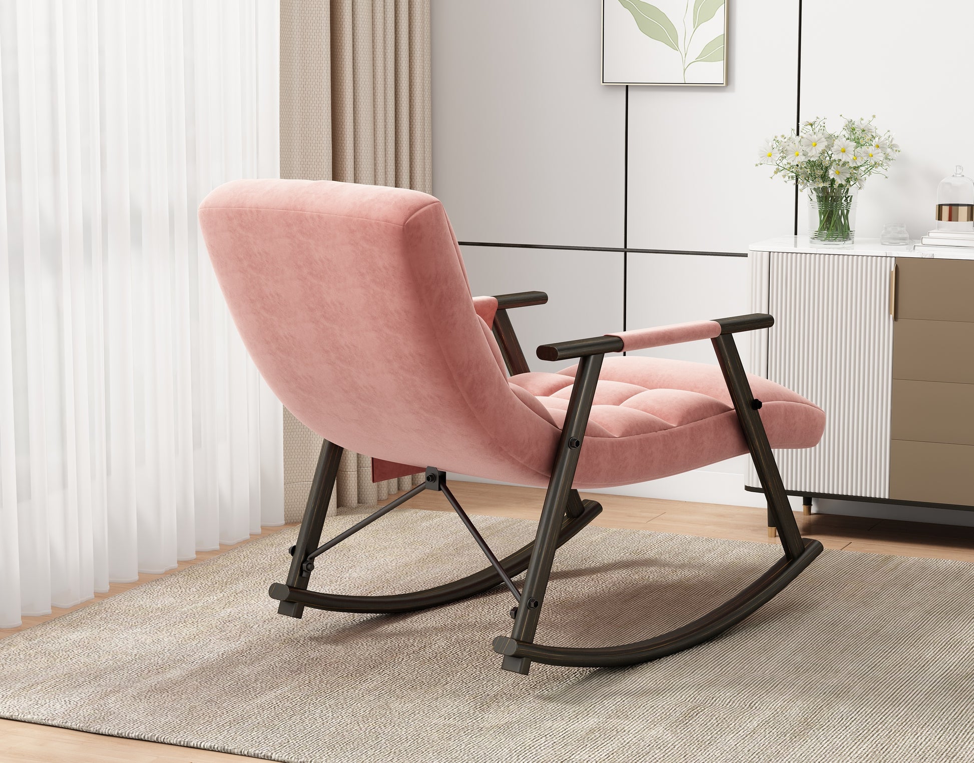 Casual Folding Rocking Chair Upholstered, Lounge Rocking Chair Adjustable High Back And Foot Rest,Side Pockets Placed In Living Room Bedroom Balcony Pink Velvet