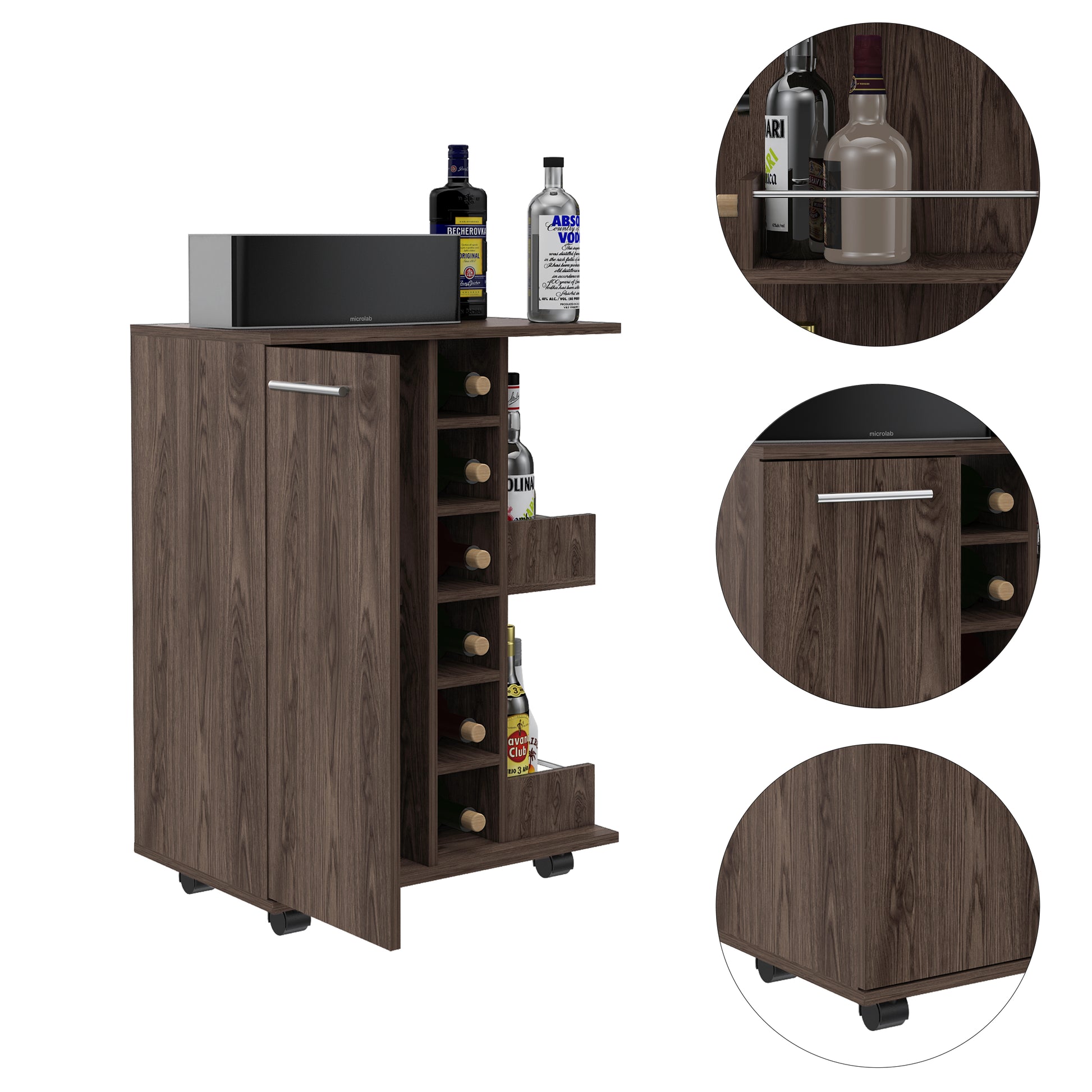 32" H Dark Walnut Bar Coffee Cart, Cabinet Storage, With 4 Wheels, 1 Divided Storage With 1 Shelf, 1 Folding Door, A Central Vertical Division For 6 Bottles And 2 Side Shelves With Aluminum Front