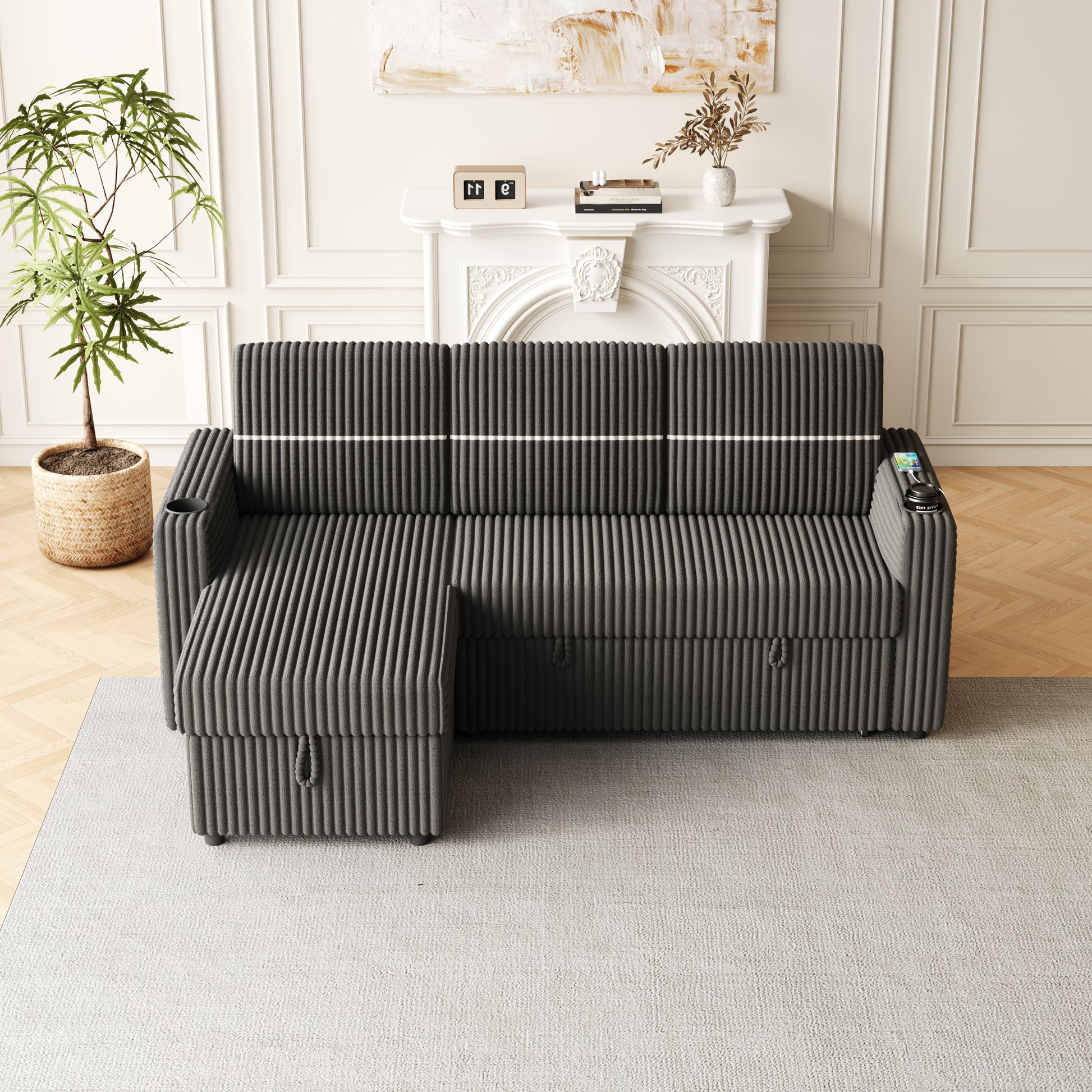85 Inches Corduroy Sofa Bed, 3 Seater Sleeper Sofa With Storage Chaise, Square Handrail With Two Cup Holder And Usb Charge Port, Pull Out Couch For Living Room Dark Grey Corduroy 3 Seat