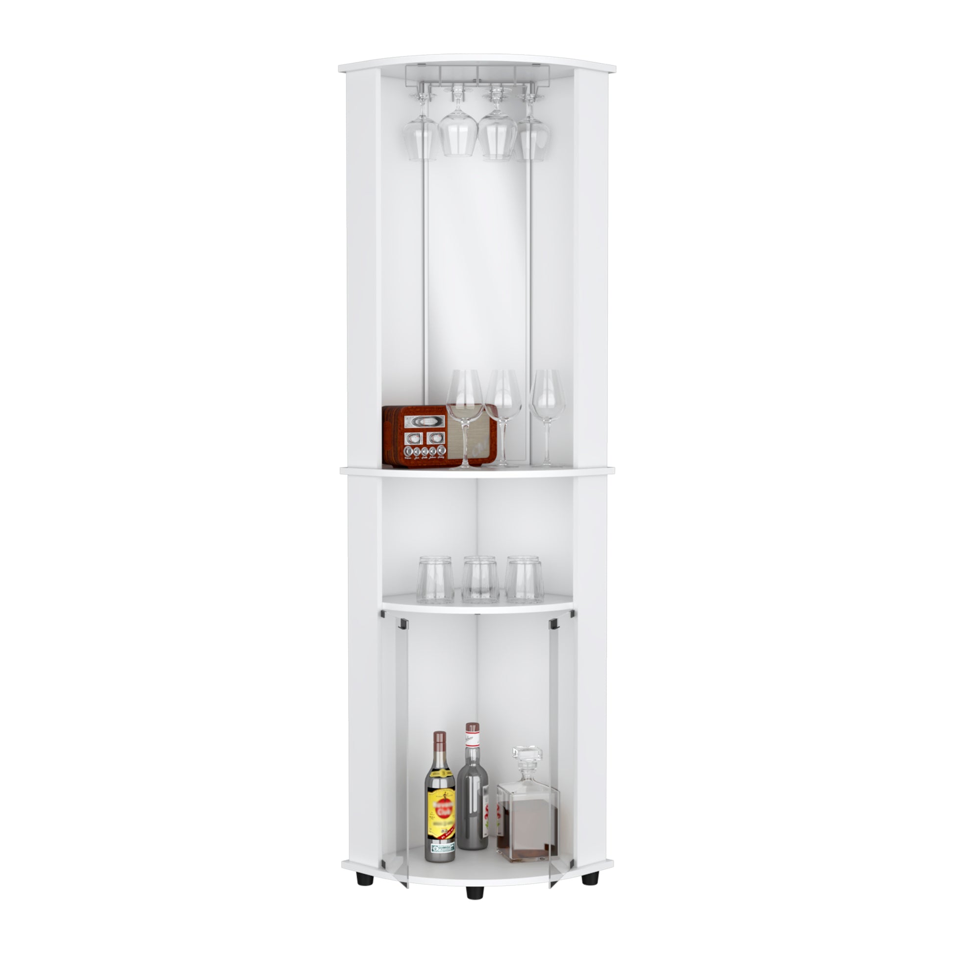 Chicago 75" H Mirrored Corner Bar Cabinet, With Glass Doors, Two Shelves And Stemware Freestanding White Mirrored Back Modern Particle Board