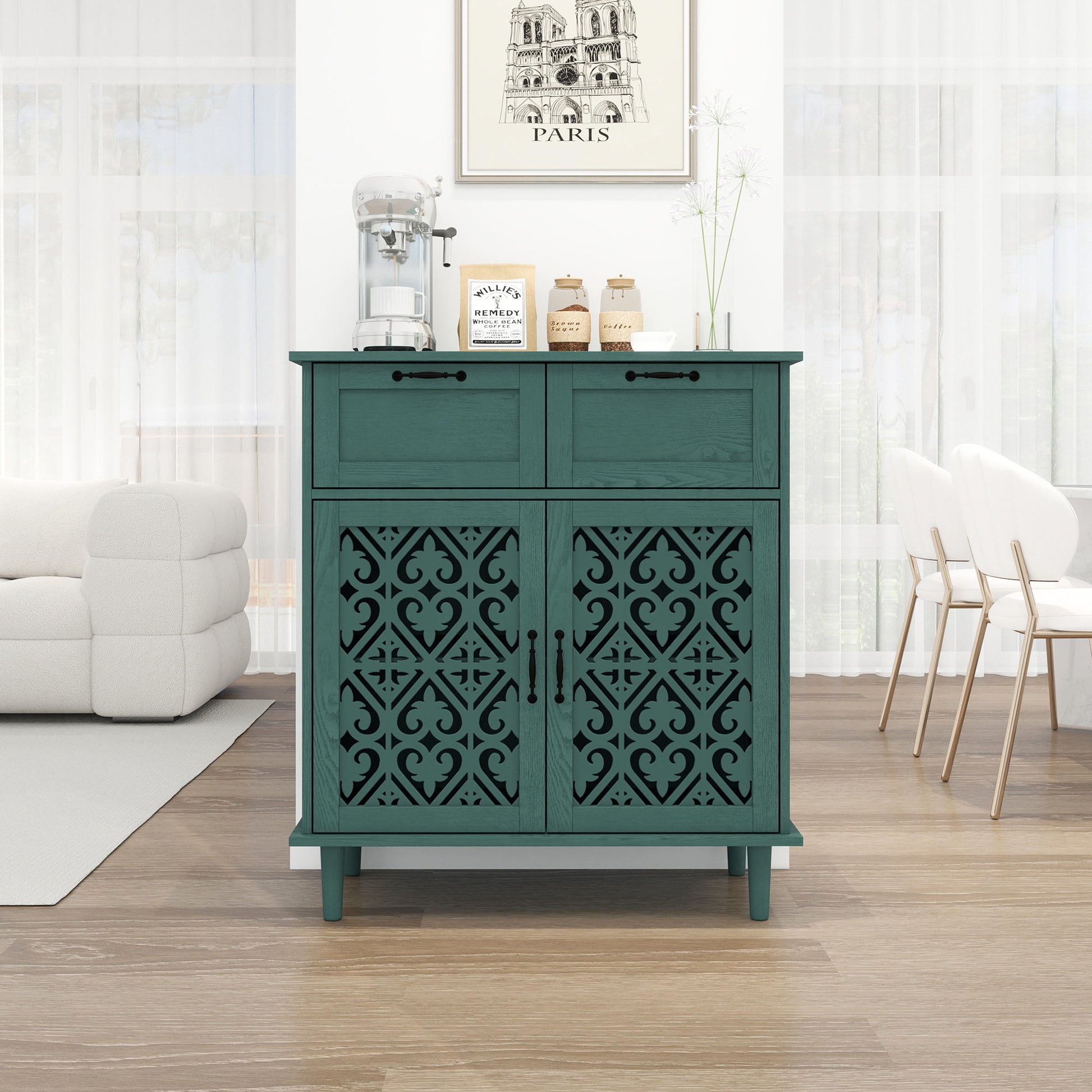 2 Door 2 Drawer Cabinet, American Furniture, Suitable For Bedroom, Living Room, Study Dark Green Mdf