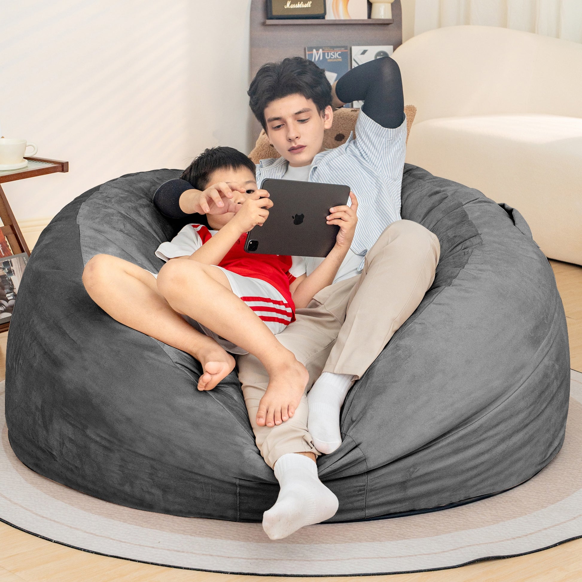 Bean Bag Chair: Giant 5' Memory Foam Furniture Bean Bag Chairs For Adults With Microfiber Cover 5Ft Gray Primary Living Space Soft Casual,Classic,Modern Foam Lychee Velvet