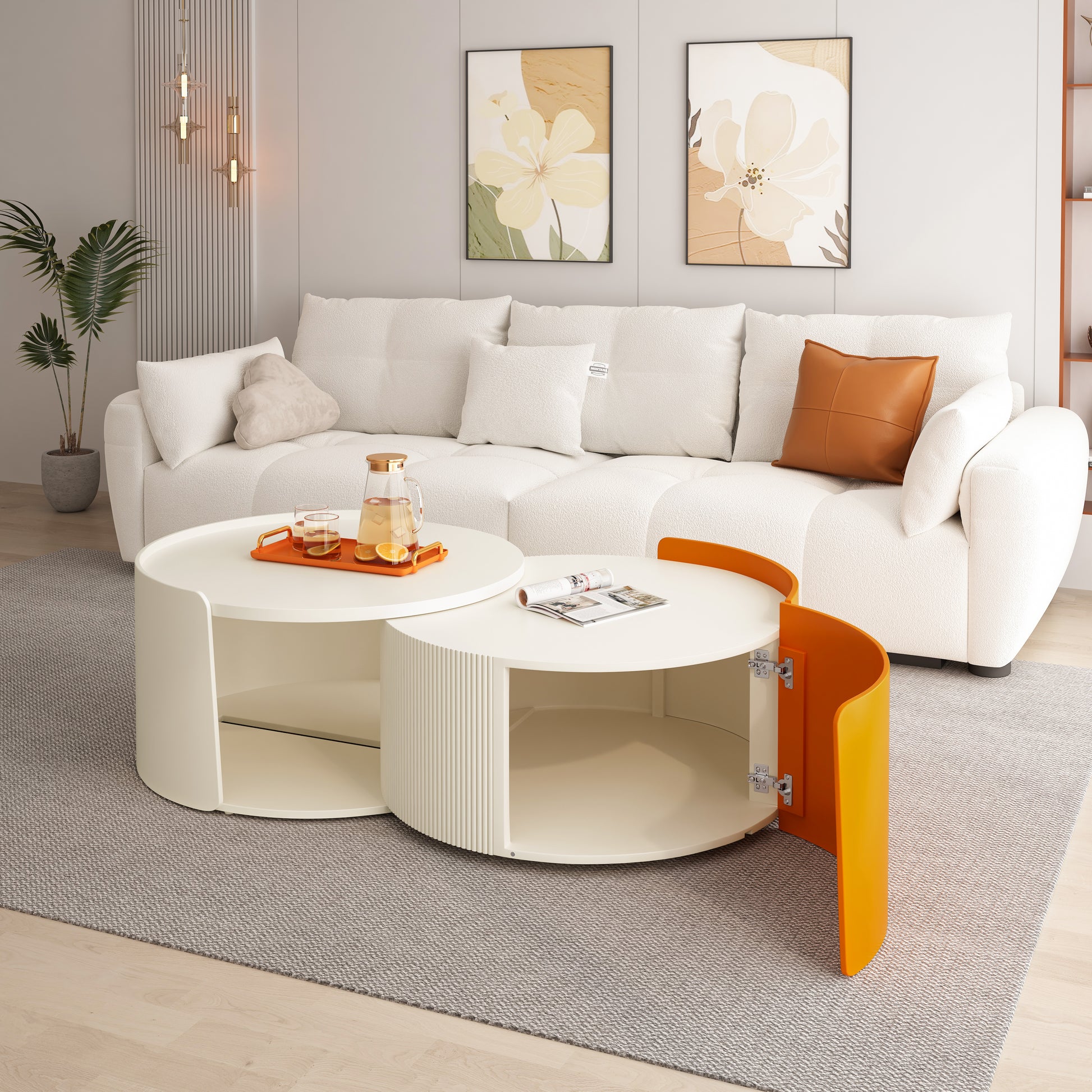 Nesting Coffee Table, Round Nesting Tables And End Tables For Small Space, Modern Side Tables With Extendable Sliding Tabletop For Living Room, Office,White, No Need Assembly Antique White Mdf