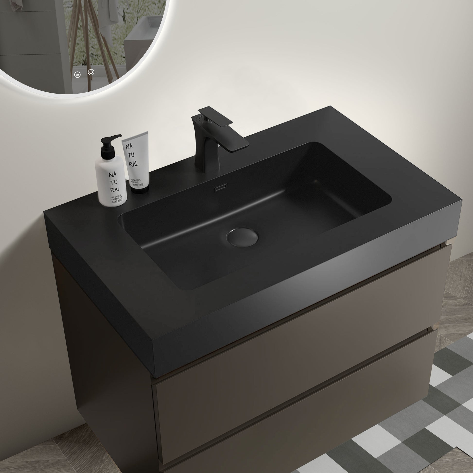 Alice 30" Gray Bathroom Vanity With Sink, Large Storage Wall Mounted Floating Bathroom Vanity For Modern Bathroom, One Piece Black Sink Basin Without Drain And Faucet, Pre Assembled Black Gray Melamine