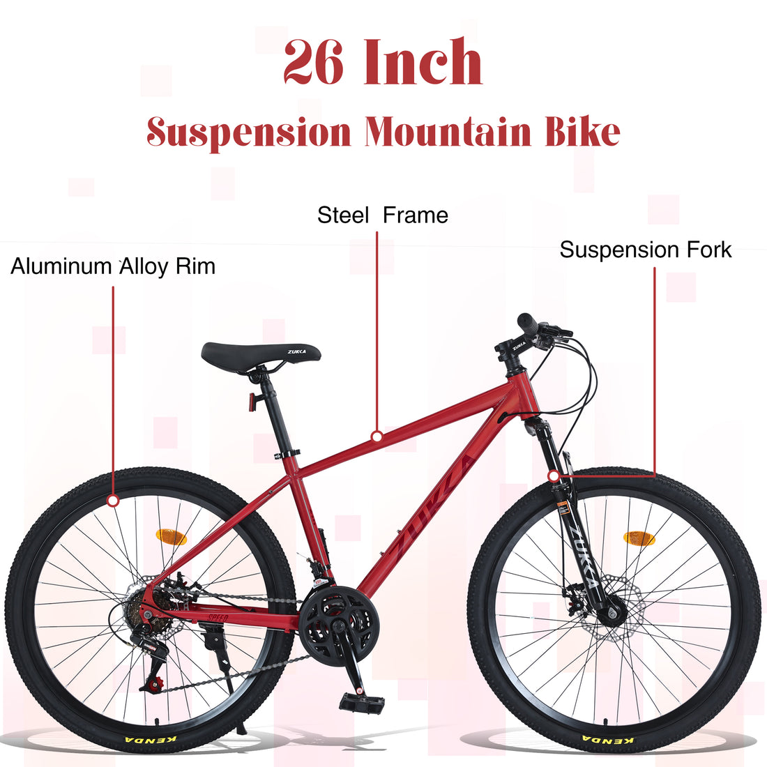 Mountain Bike For Men And Women 26 Inch 24 Speed Suspension Fork Kenda Tires Cycling Red Garden & Outdoor Steel