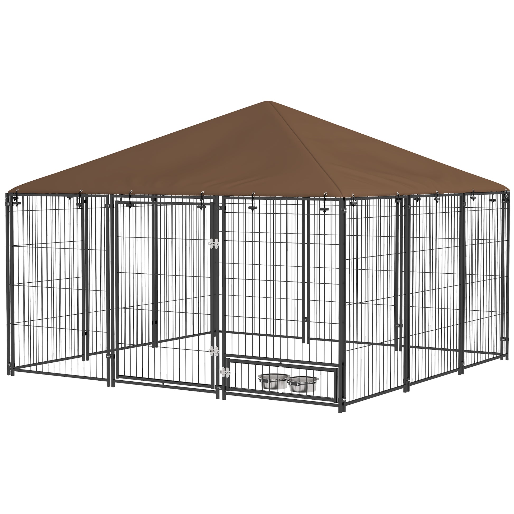 Pawhut Outside Dog Kennel, 6.9' X 6.9' X 5' Puppy Play Pen With Canopy, Garden Playpen Fence Crate Enclosure Cage Rotating Bowl, Coffee Coffee Metal