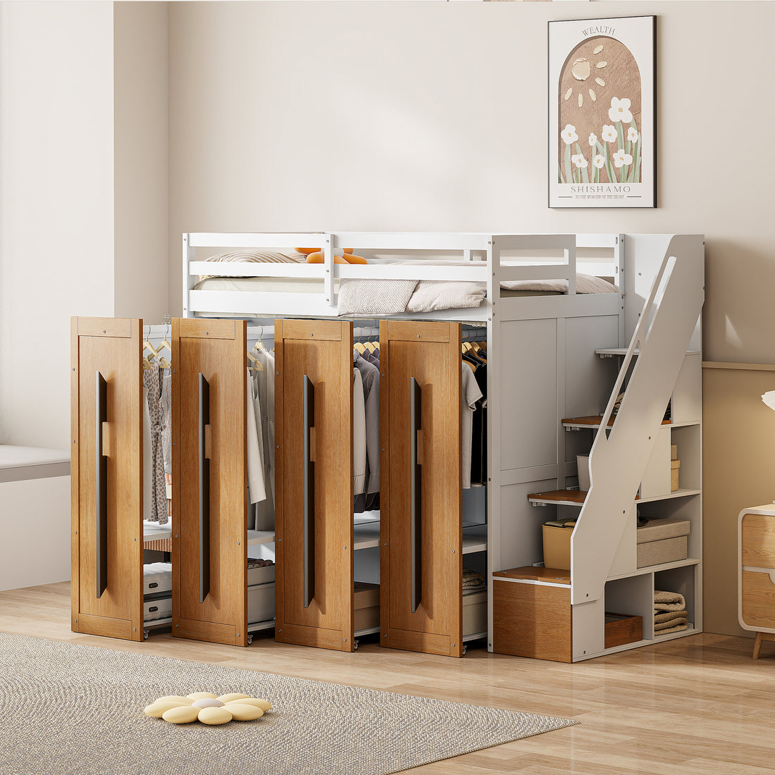 Modern Loft Bed With Two Tone Storage Stairs And Pull Out Wardrobes, White Twin White Solid Wood Mdf
