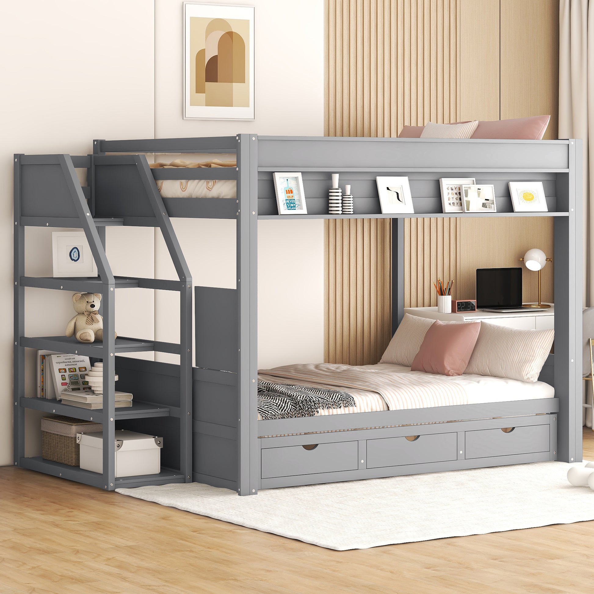 Wood Full Size Convertible Bunk Bed With Storage Staircase, Bedside Table, And 3 Drawers, Gray Gray Solid Wood Mdf