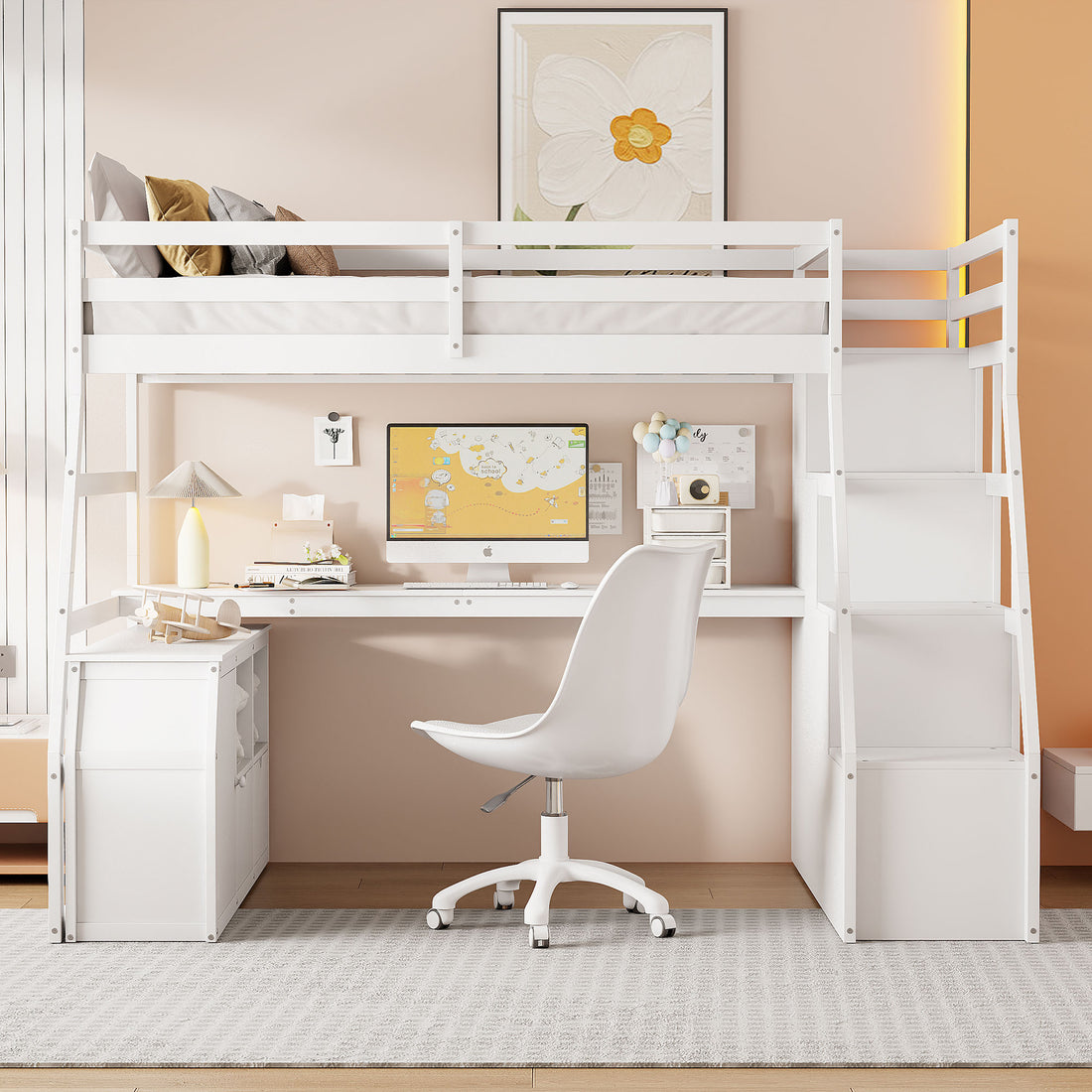 Full Size Loft Bed With 7 Drawers 2 Shelves And Desk White Full White Plywood
