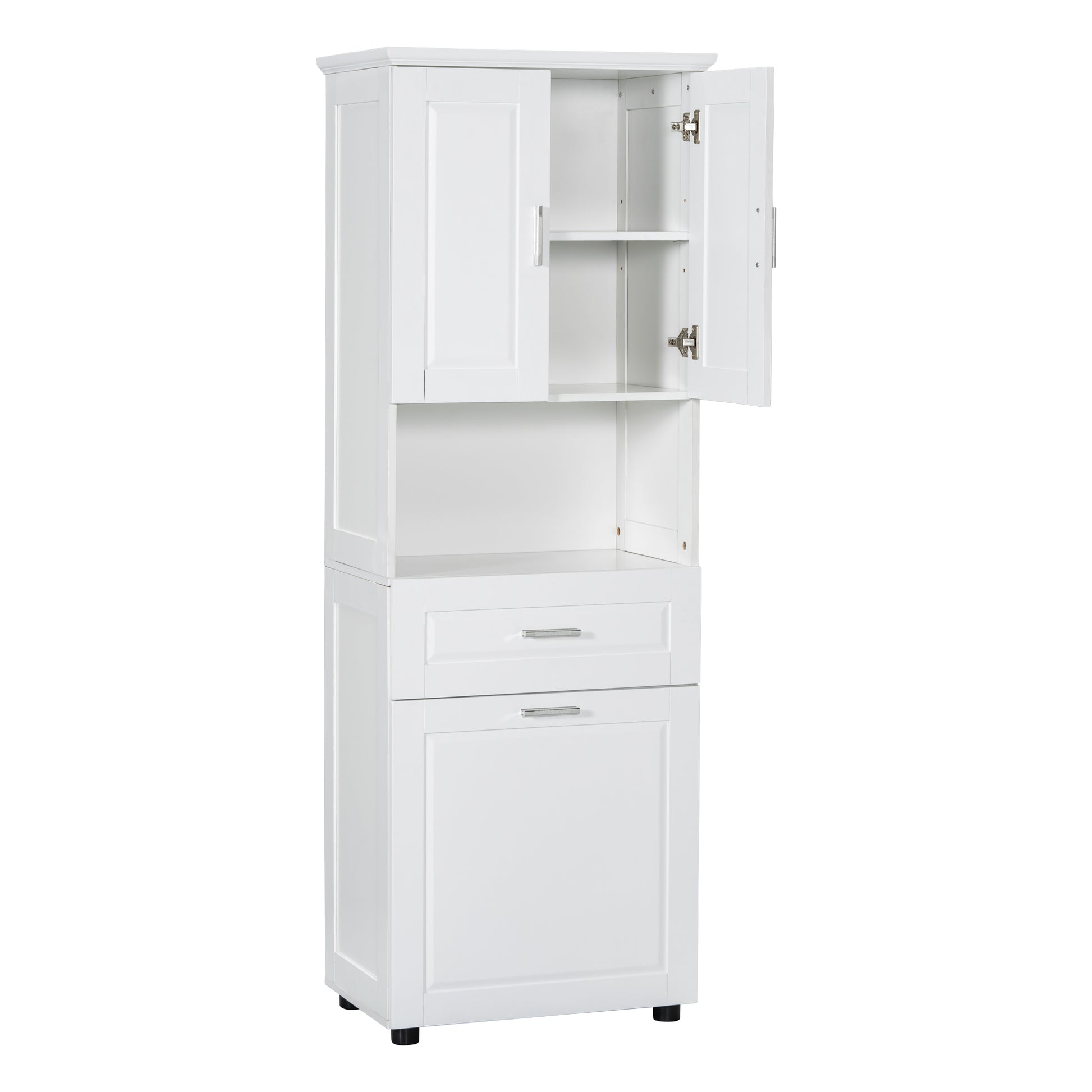 Tall Bathroom Cabinet With Laundry Basket, Large Storage Space Tilt Out Laundry Hamper And Upper Storage Cabinet, White White Mdf