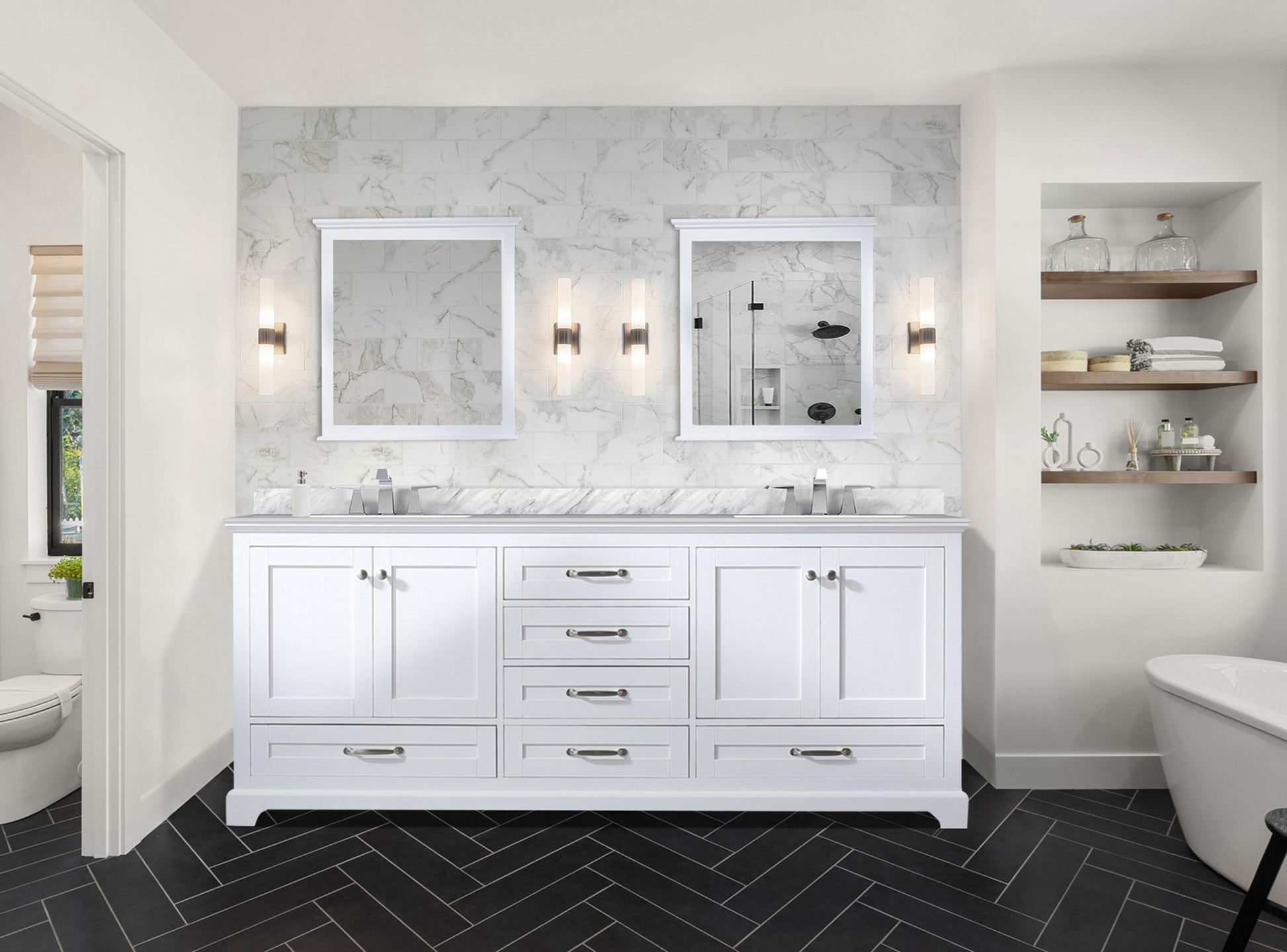 White Double Bath Vanity 80 In. W X 22 In. D, Carrara Marble Top, And Faucet Set White Plywood Wood