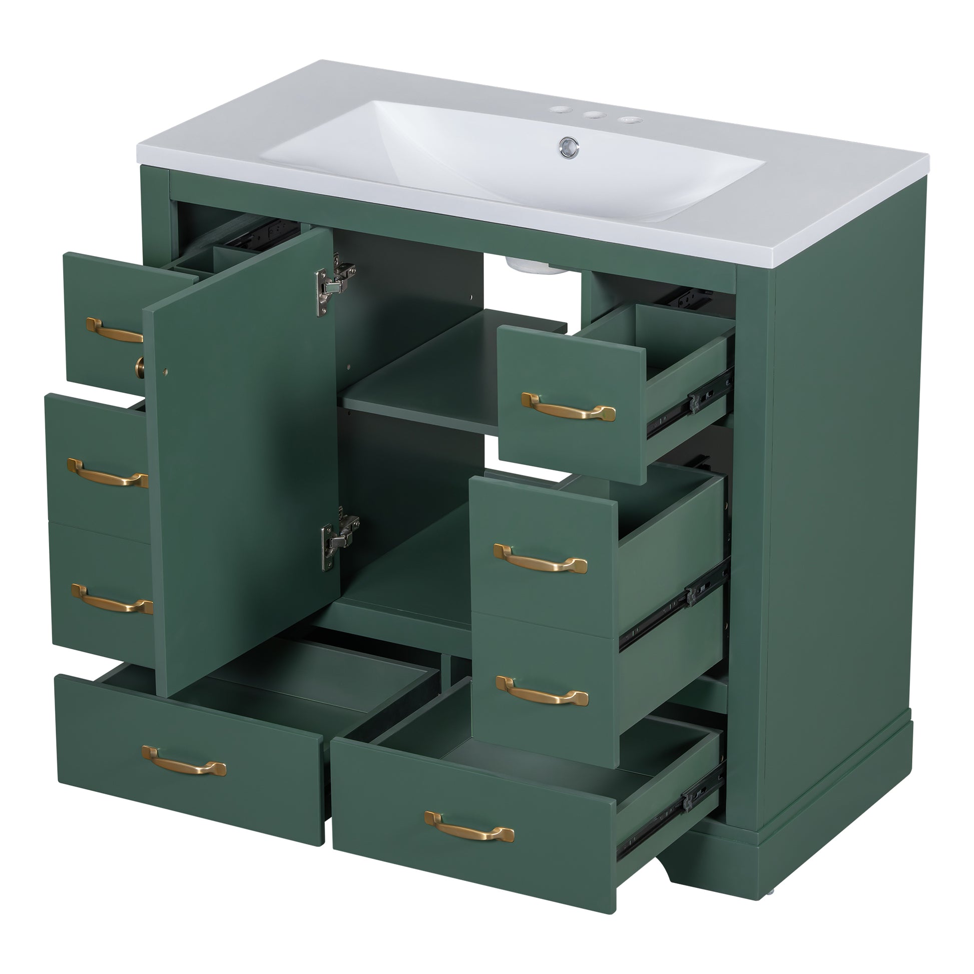 36" Bathroom Vanity With Sink Combo, Six Drawers, Multi Functional Drawer Divider, Adjustable Shelf, Green Green Solid Wood Mdf