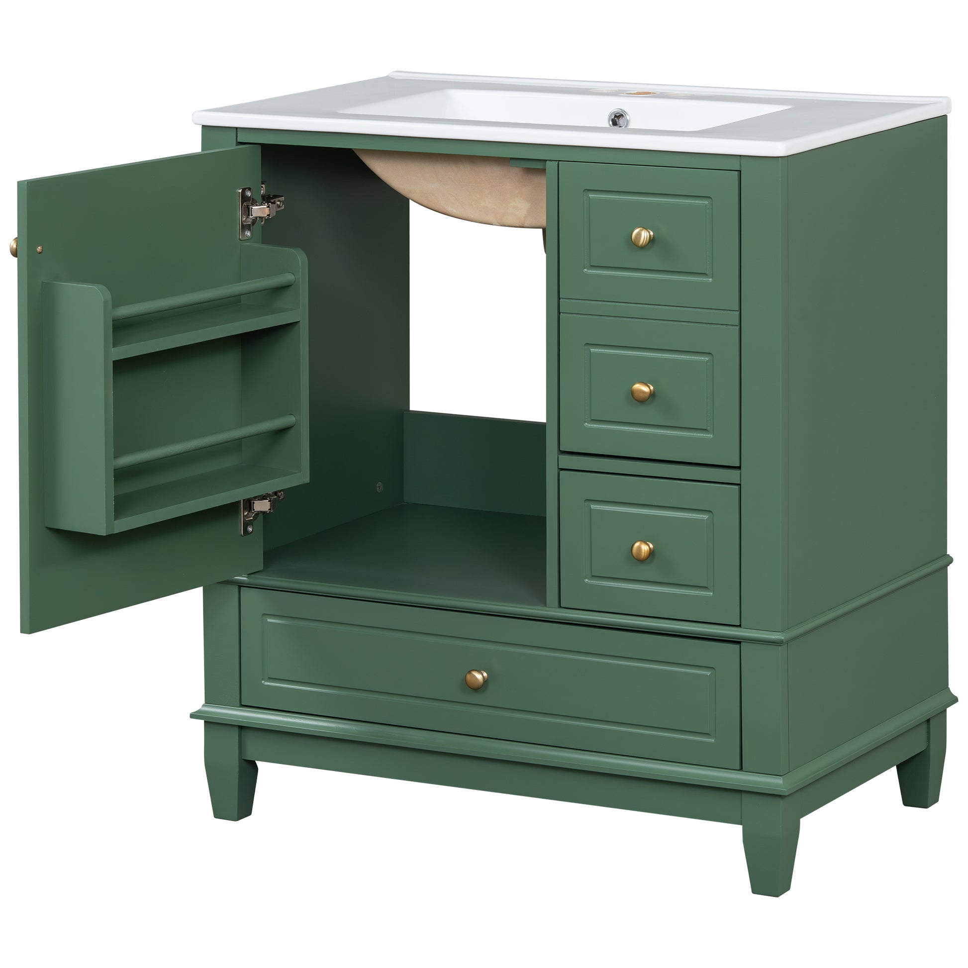30" Bathroom Vanity With Sink, One Door With Shelf And Three Drawers, Soft Close Door, Green Green Ceramic Mdf,Rubber Wood