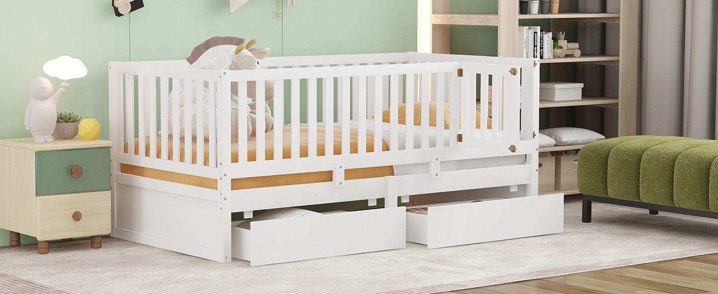 Twin Size Wood Daybed With Fence Guardrails And 2 Drawers, Split Into Independent Floor Bed & Daybed, White Old Sku :Lp000881Aak Twin White Solid Wood Mdf