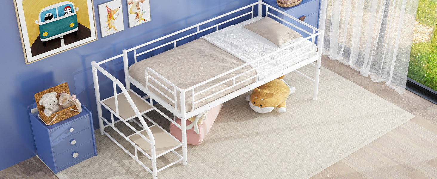 Mid Loft Bed With Storage Stairs, Twin, White Twin White Mdf Metal