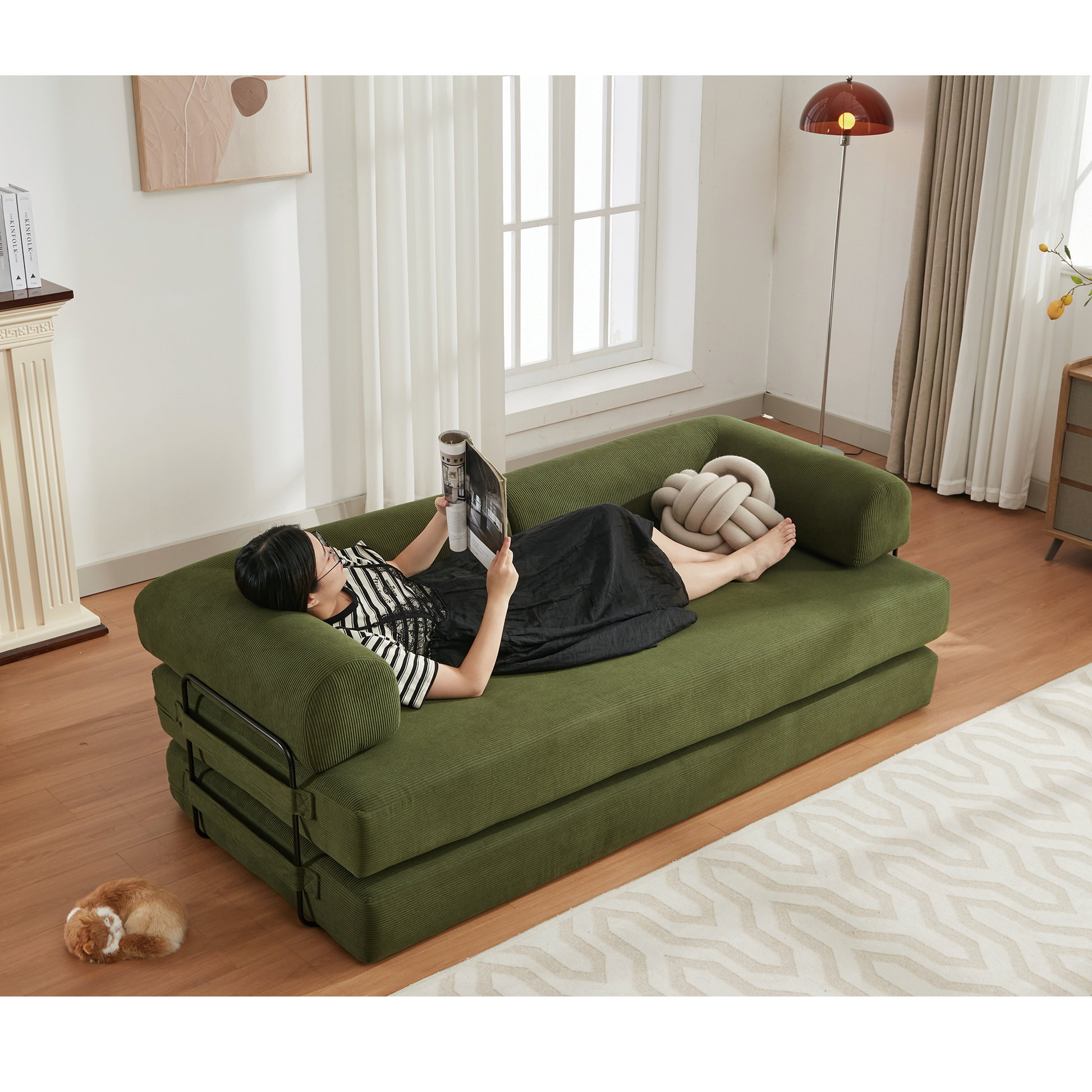 Arrived 78.5" Folding Convertible Out Sleeper Sofa Bed,4 In 1 Diy Combination Convertible Sofa, 3 Seat, Folding Sleeper Sofa, King Sizebedroom,Apartment,Corduroy,Green Green Polyester Primary Living