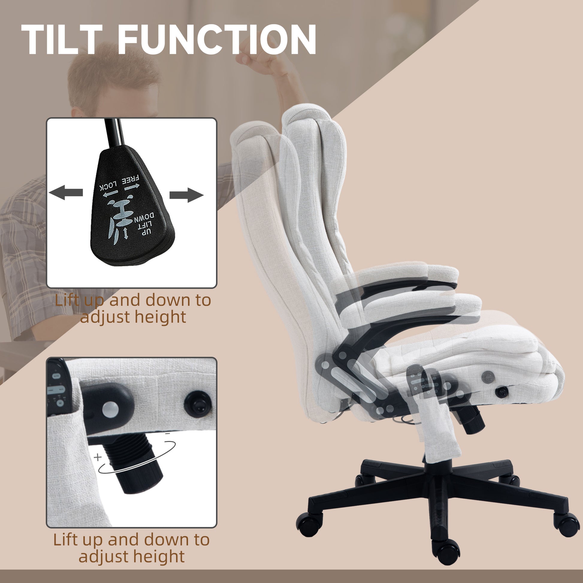 Homcom 6 Point Vibrating Massage Office Chair With Heat, Linen High Back Executive Office Chair With Reclining Backrest, Padded Armrests And Remote, Cream White Cream White Polyester