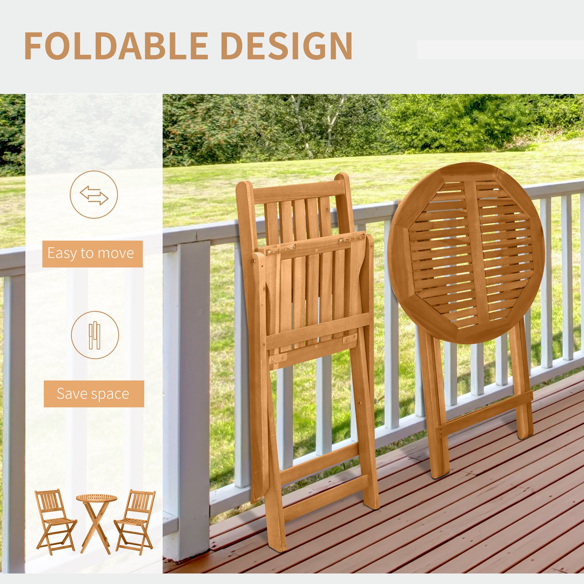 Outsunny 3 Piece Acacia Wood Bistro Set, Folding Patio Furniture With 2 Folding Chairs And Round Coffee Table, Teak, Slatted Finish, For Backyard, Balcony, Deck, Natural Natural Acacia Wood