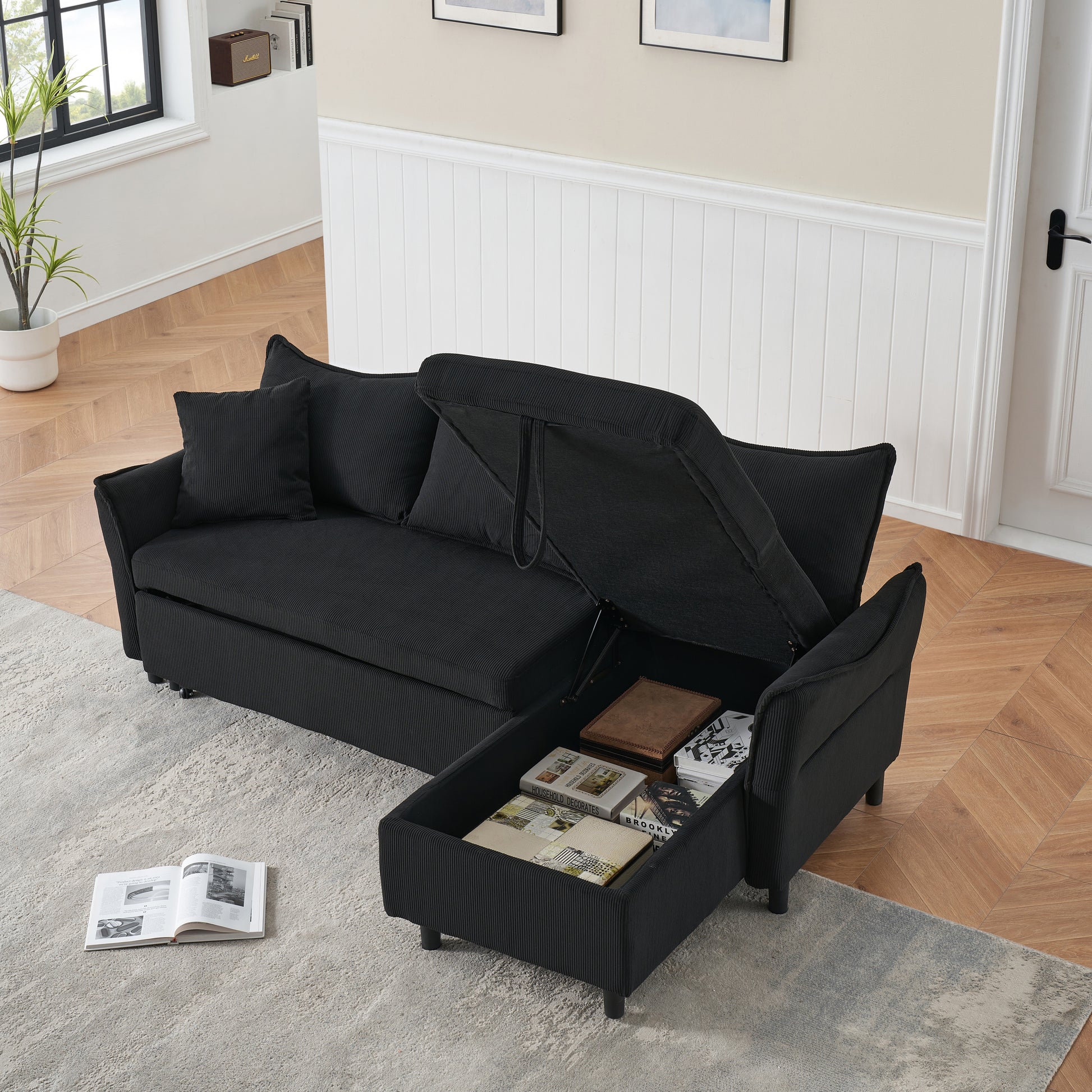 This 80 Inch Black Corduroy L Shaped Sofa Comes With Two Small Throw Pillows That Can Be Converted Into A Sofa Bed For Storage Black Corduroy 3 Seat