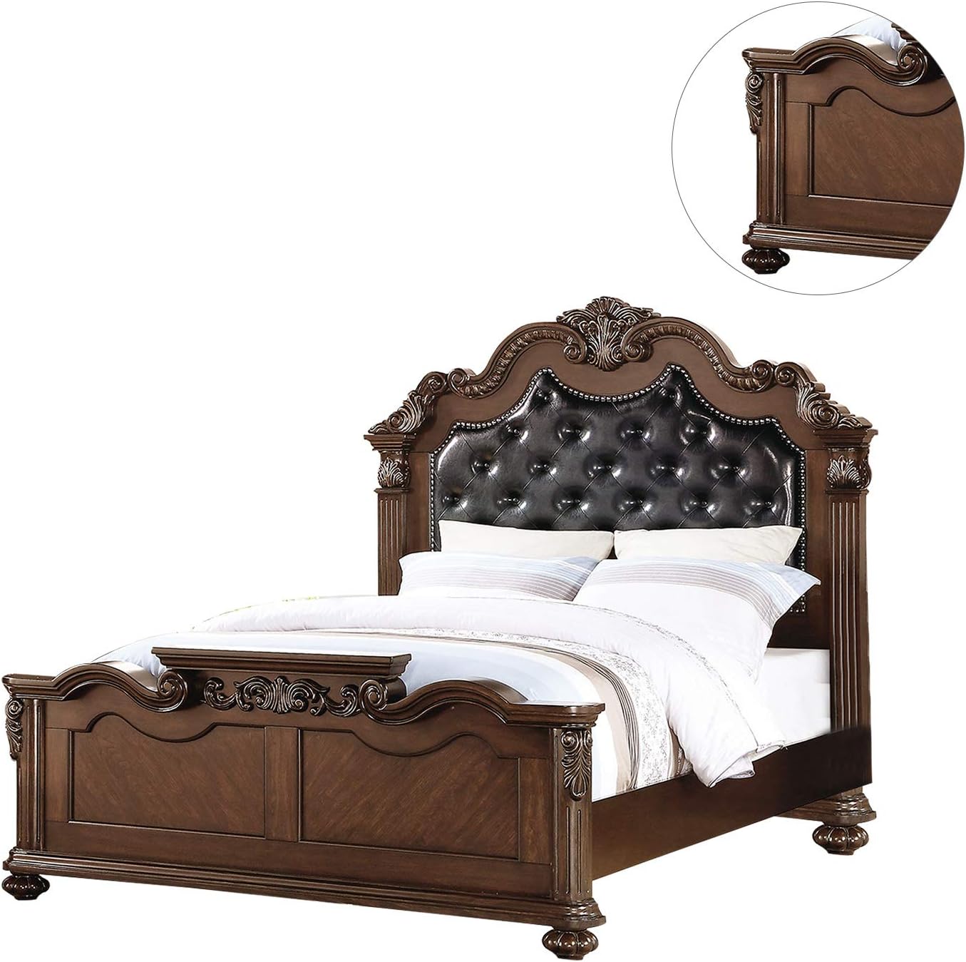 Gorgeous Traditional Antique Cherry 1Pc Queen Size Bed Tufted Faux Leather Headboard Wooden Bedframe Box Spring Required Queen Cherry,Walnut Wood Bedroom Classic,Luxury,Traditional Pine Bed Frame