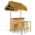 Hawaiian Style Bar Height Patio Set With Pe Grass Canopy, Outdoor Bar Table And Stools With Adjustable Feet, Acacia Wood Top, For Dining And Drinking, Natural Antique Natural Seats 2 Garden & Outdoor Wicker