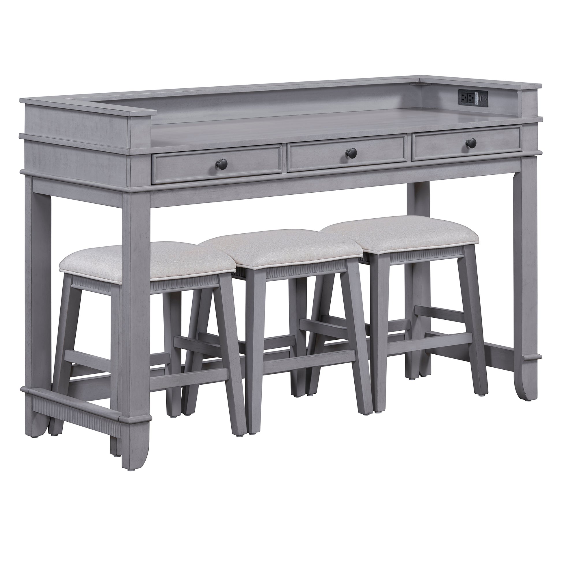 4 Piece Dining Table Set For 3, Retro Kitchen Table And Chairs Set With 3 Storage Drawers, Ideal For Small Spaces Gray Gray Mdf,Rubber Wood