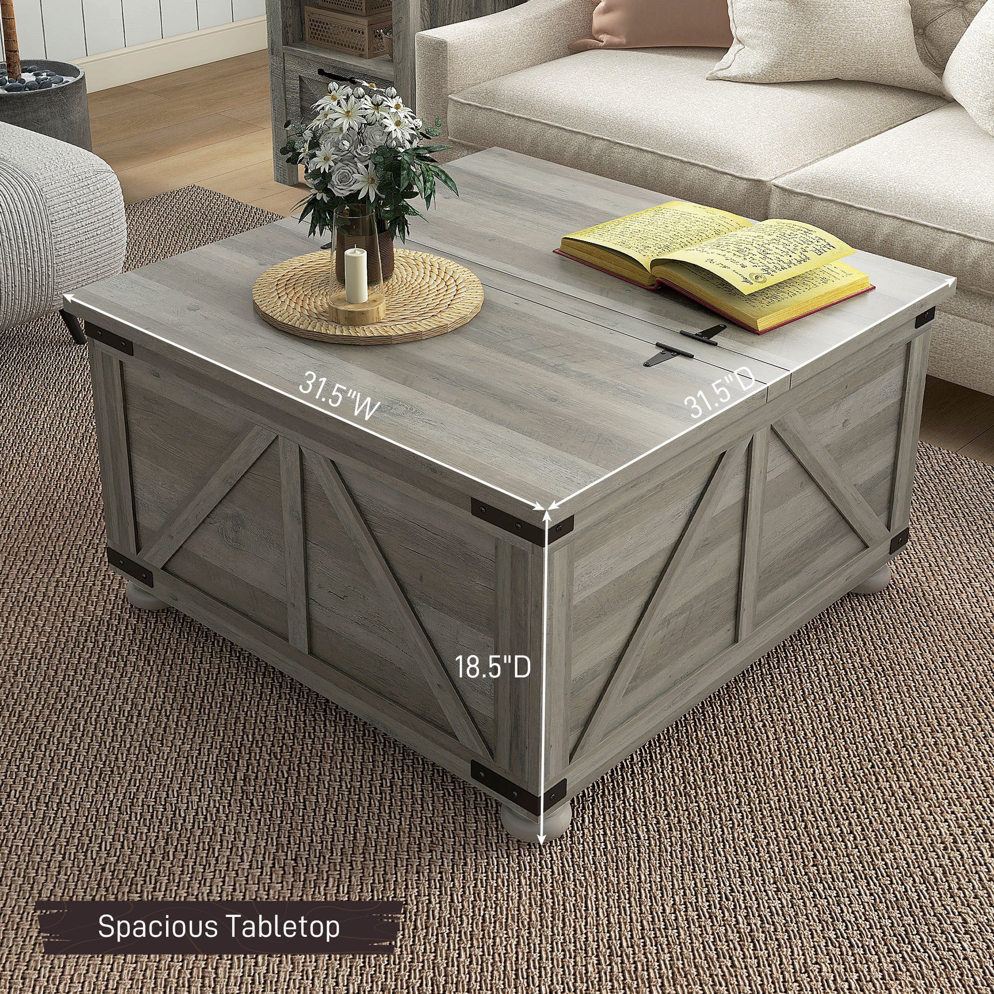 Homcom Farmhouse Coffee Table, Square Coffee Table With Storage For Living Room, Center Table With Hinged Flip Lift Top And Hidden Space, Distressed Gray Gray Particle Board