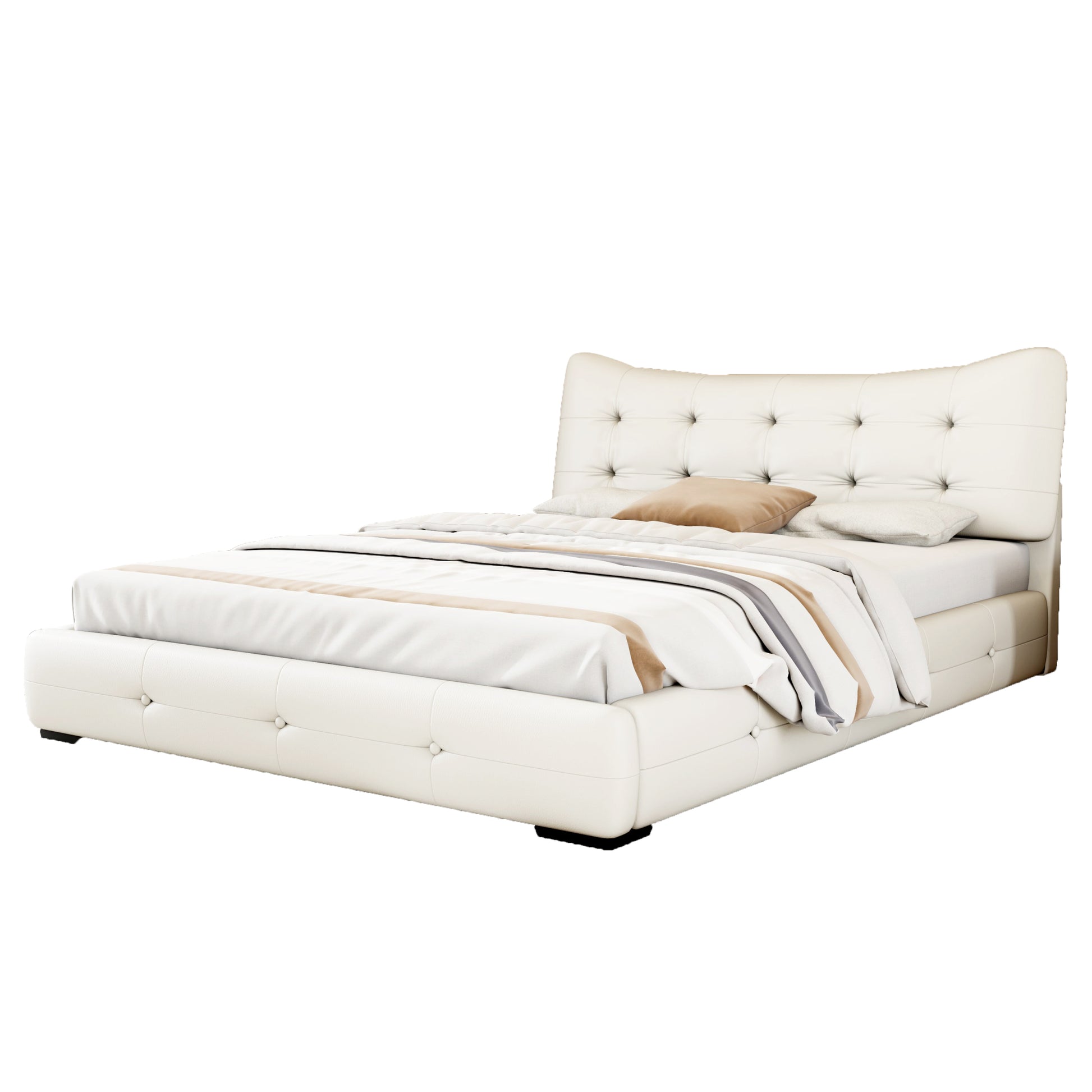 Modern Pu Upholstered Queen Bed With Ergonomic Wingback Headboard, No Box Spring Needed, Cream Box Spring Not Required Queen Cream Composite Bedroom Contemporary Bed Frame Pu,Upholstered